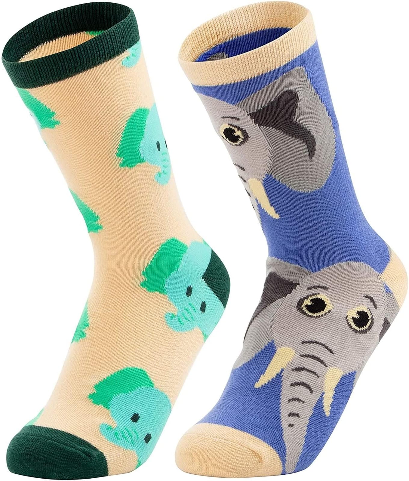 Untamed Sox 2-Pair Girls Crew Socks - Cartoon Elephant Animal Print, Kids Casual Socks
