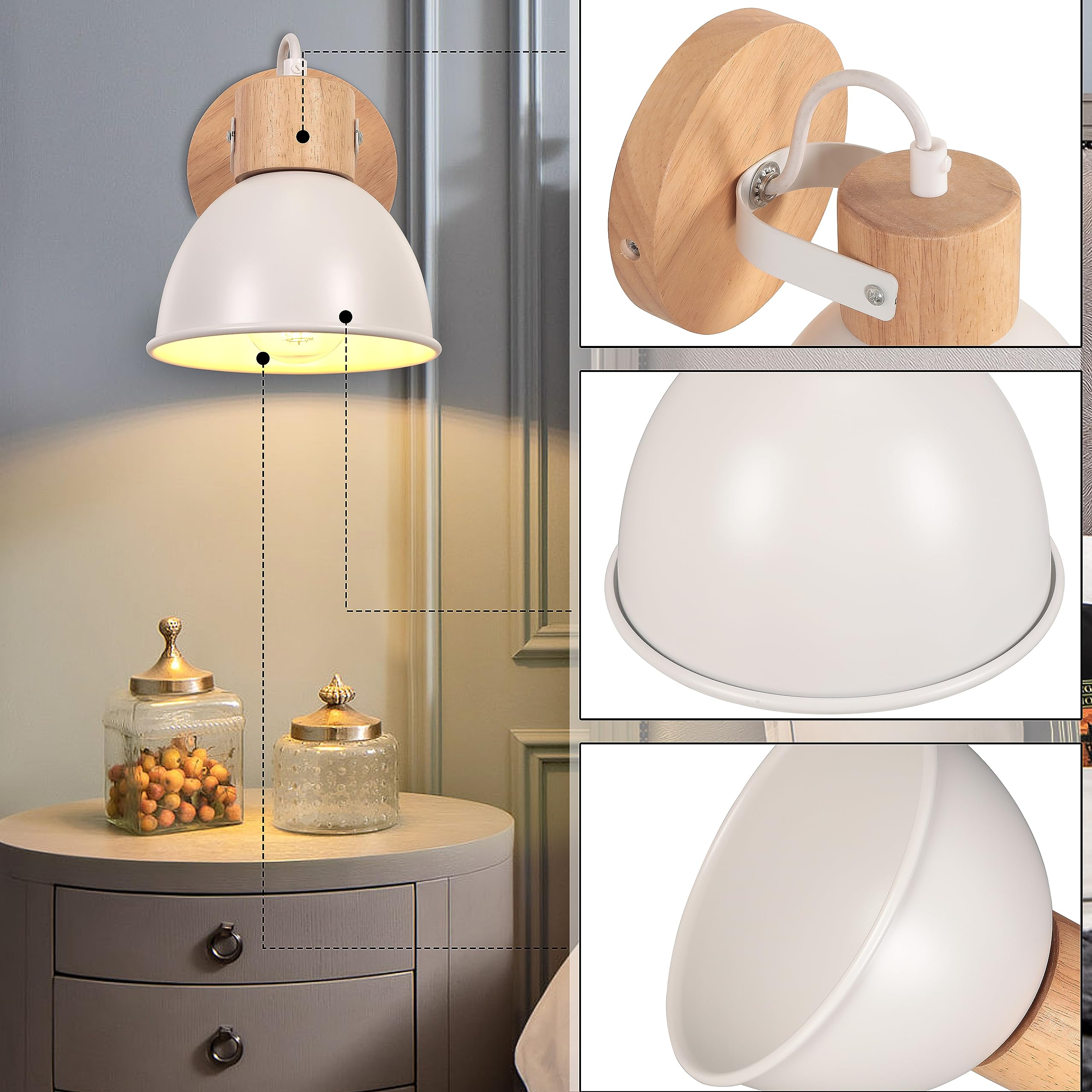 iDEGU Applique Murale Interieure Spot LED 15cm Rétro Lampe Murale Insustrielle en Bois Fer Design Vintage Luminaire Réglable Lustre Plafonnier E27 Éclairage Mural pour Chambre Cuisine Salon(Blanc Mat)