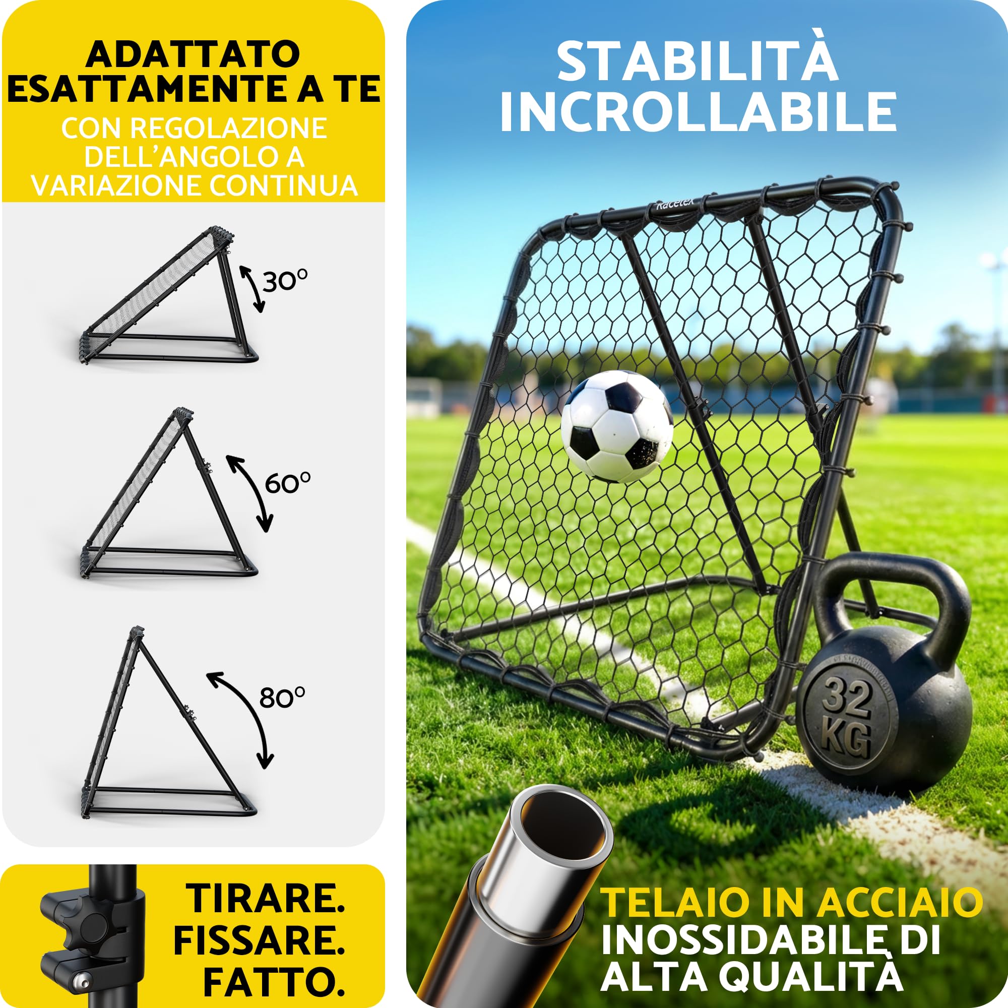 Racetex Rimbalzo per calcio XXL [125 cm x 125 cm) – Rimbalzo da calcio con struttura robusta e angolo regolabile – Calcio rimbalzo per allenamento di tiro, passaporto e balla