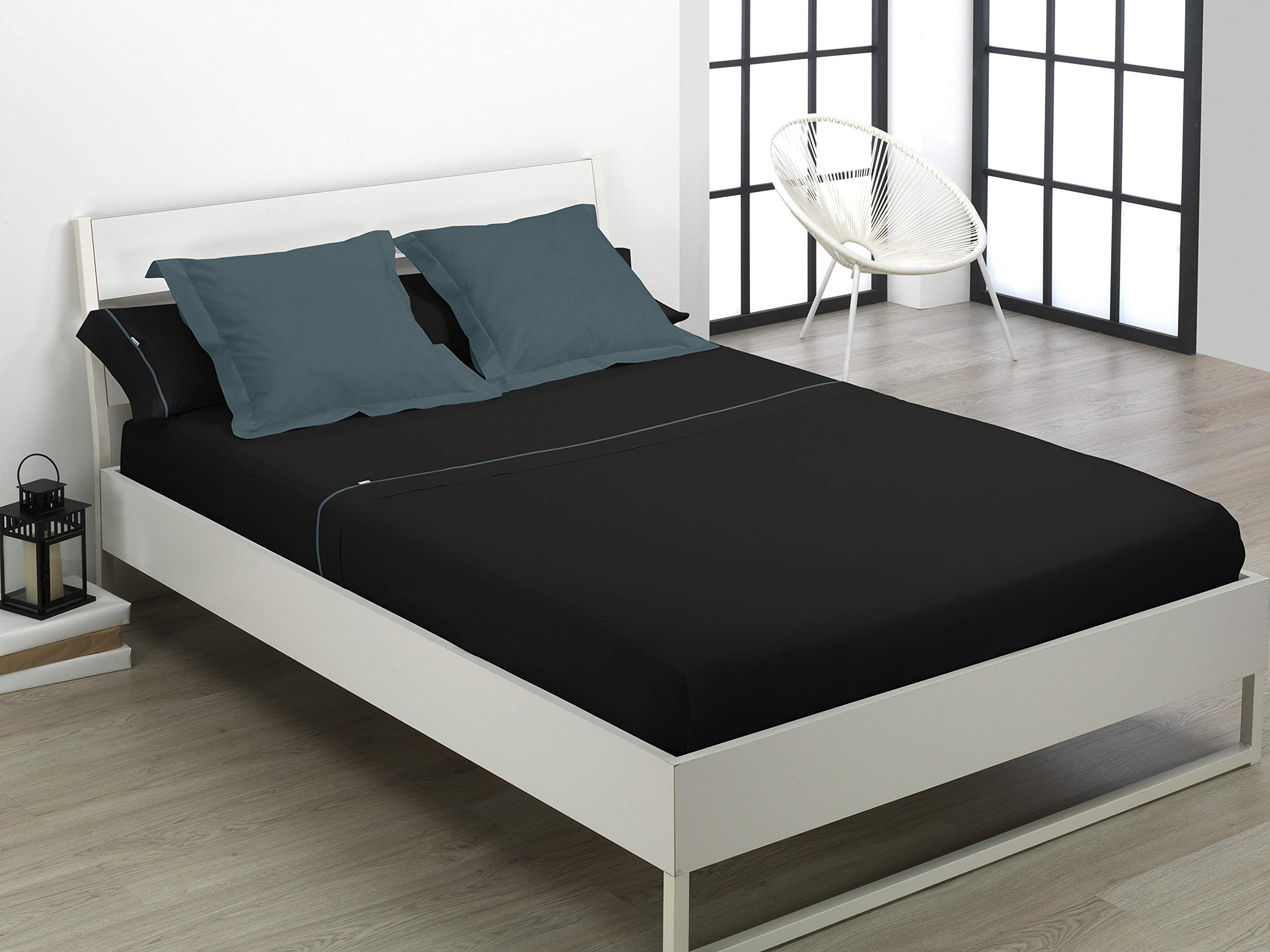 Juego de sábanas liso color negro Cama de 135/140 (3 piezas) -50% algodón / 50% poliéster - 144 hilos. Gramage: 115