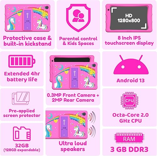 Miniatura 2 de Contixo Tableta infantil de 8 pulgadas - Tabletas de aprendizaje K80A, libro electrónico de Disney preinstalado (valor de $350), aplicaciones de