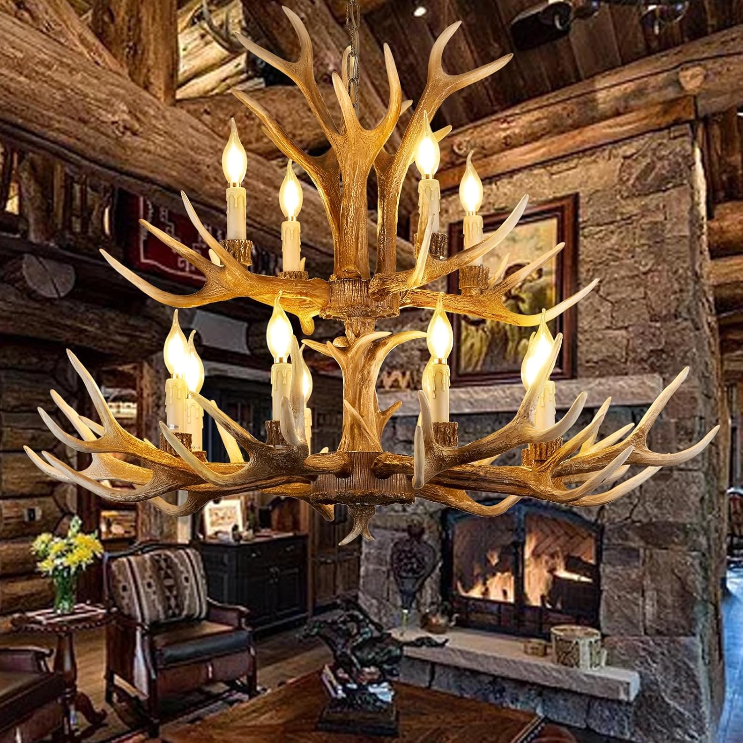 Antler Chandelier Lighting,Large 2-Tier Deer Rustic Farmhouse Chandelier Light Fixtures for Dining Room Living Room Kitchen Island Bedroom Entryway Foyer (12 Lamp Arms + 3 Arms)