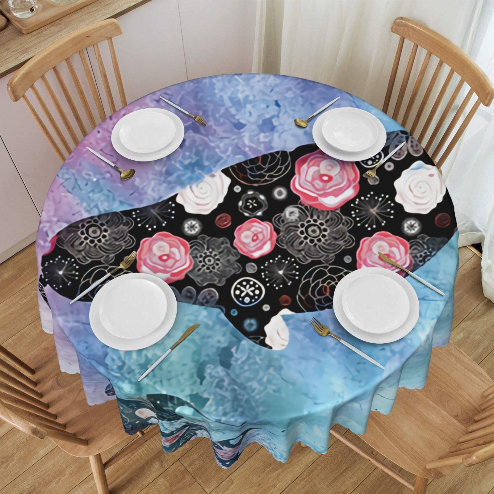 DCEHGEW 60 In Round Tablecloth with Lace, Whale Printed Oilproof & Washable Fabric Picnic Table Cloth Table Covers