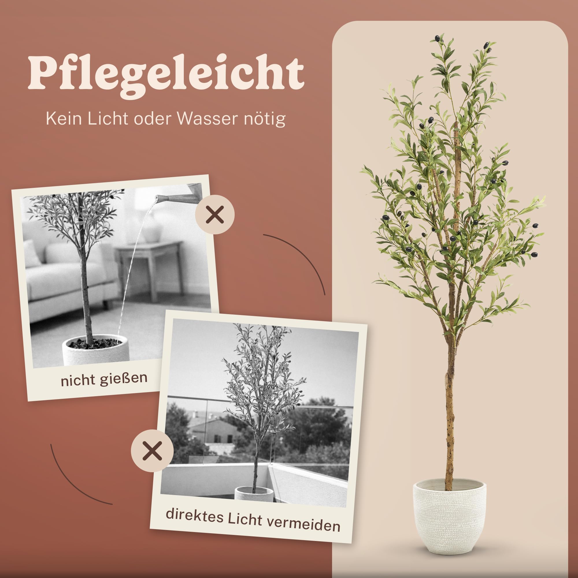 MAIA SHOP Olivenbaum Künstlich Minimal 180 cm - Kunstbaum wie Echt | Künstlicher Olivenbaum mit Naturholzstamm und Oliven für Wohnzimmer Flur Büro - Schwarzer Topf Inklusive