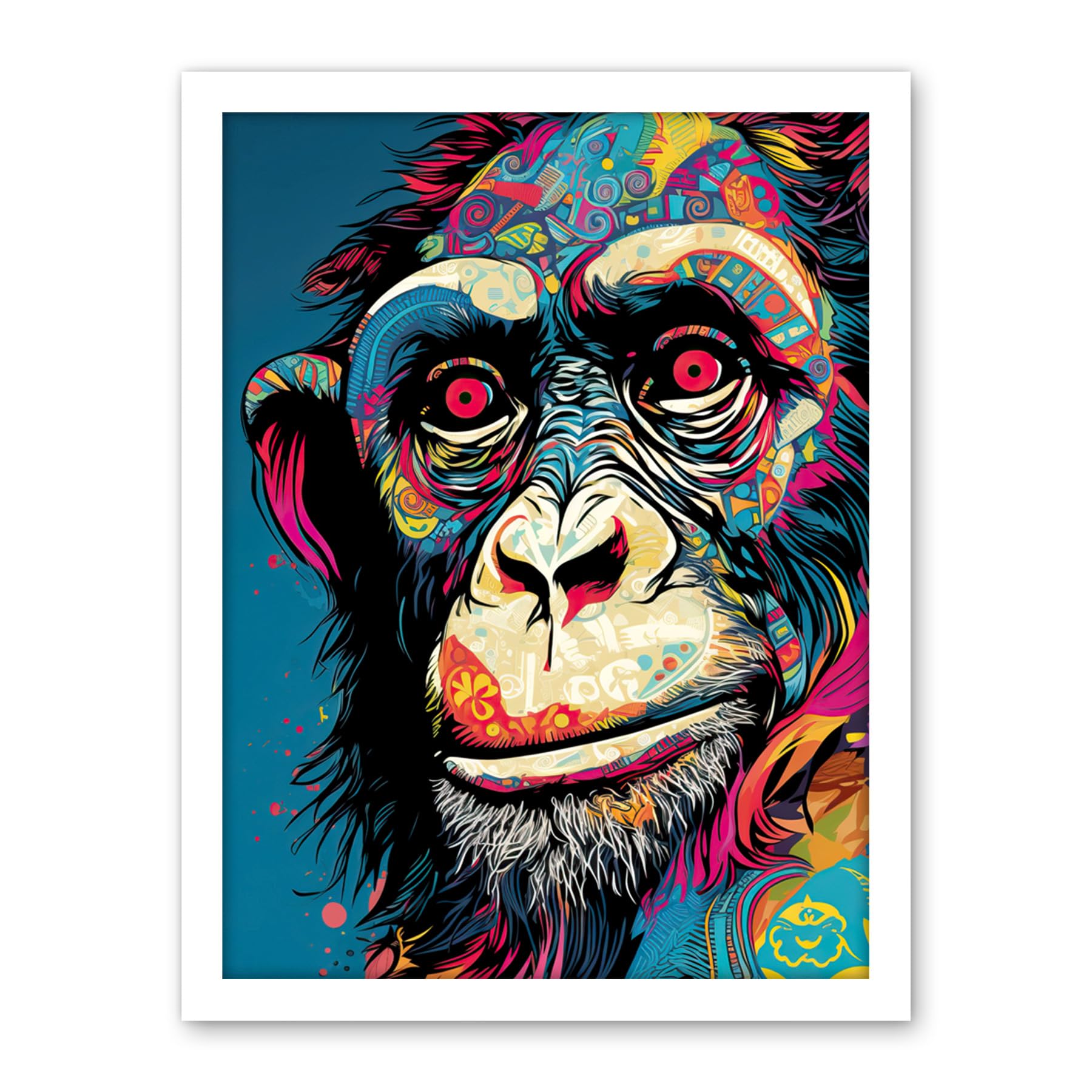 Artery8 Chimpanzee Acrylic Painting Vibrant Psychedelic Pattern Portrait Modern Artwork Framed Wall Art Print 18X24 Inch