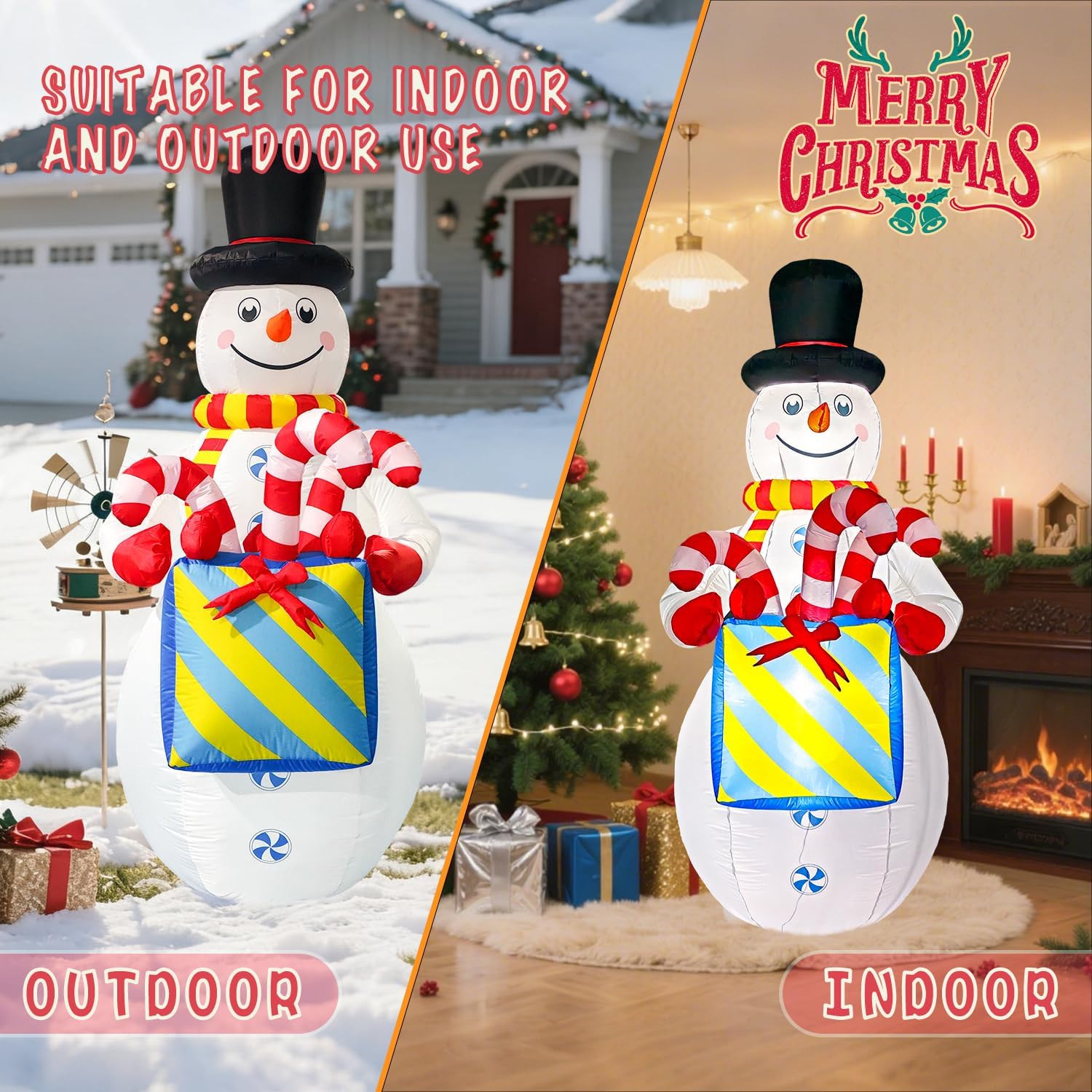 8Ft Tall Inflatable Snowman Christmas Decorations,Built-in LED Lights Outdoor Holiday Decor with Gift Box and Candy Canes, Fast Self-Inflating,for Yard Holiday Xmas New Year