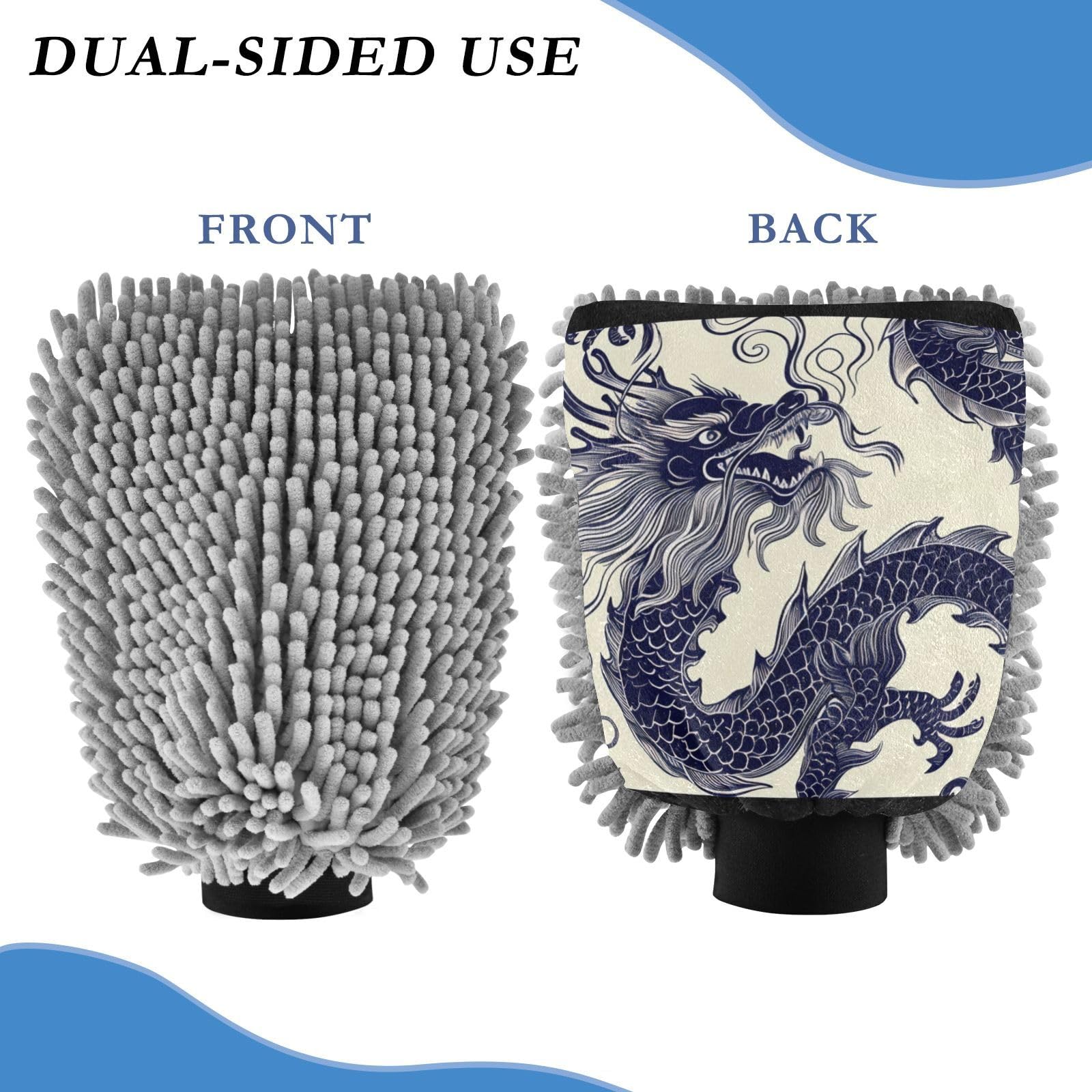 IOACIY Absorbent Microfiber Car Wash Drying Mitts, 2 Pack, Scratch-Free & Lint-Free, Rich Foam, Highly Absorbent, Double Sided, Wash Mitt Perfect for Car Washing, L, Chinese Dragon (1)