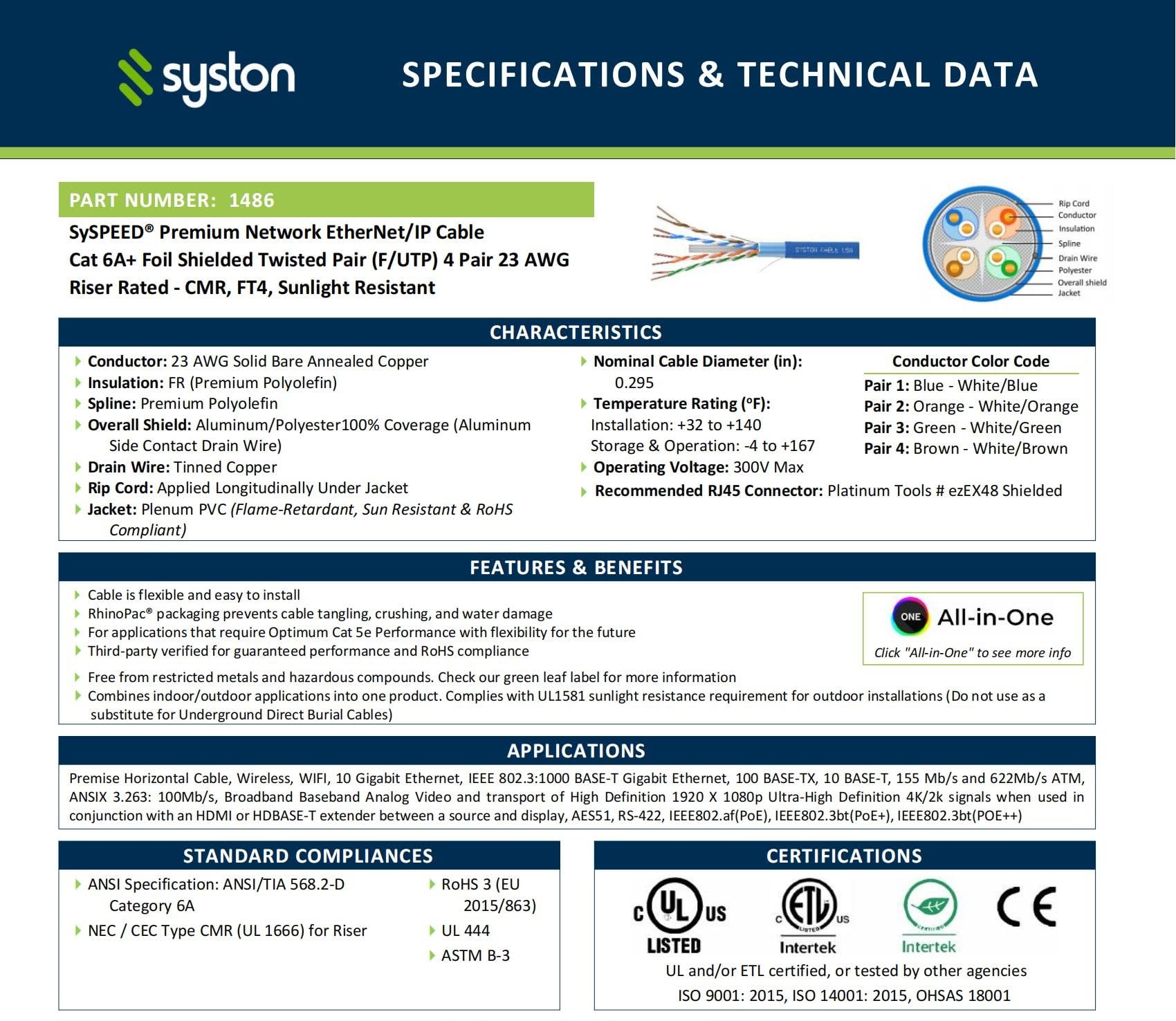 Syston - Cavo di rete Ethernet CAT 6A+ schermato CMR/CL2R/FT4/Riser-Rated, 23 AWG a doppino intrecciato schermato F/UTP 750 MHz, conforme RoHS, senza estremità, disponibile da 6,1 m a 304,8 m