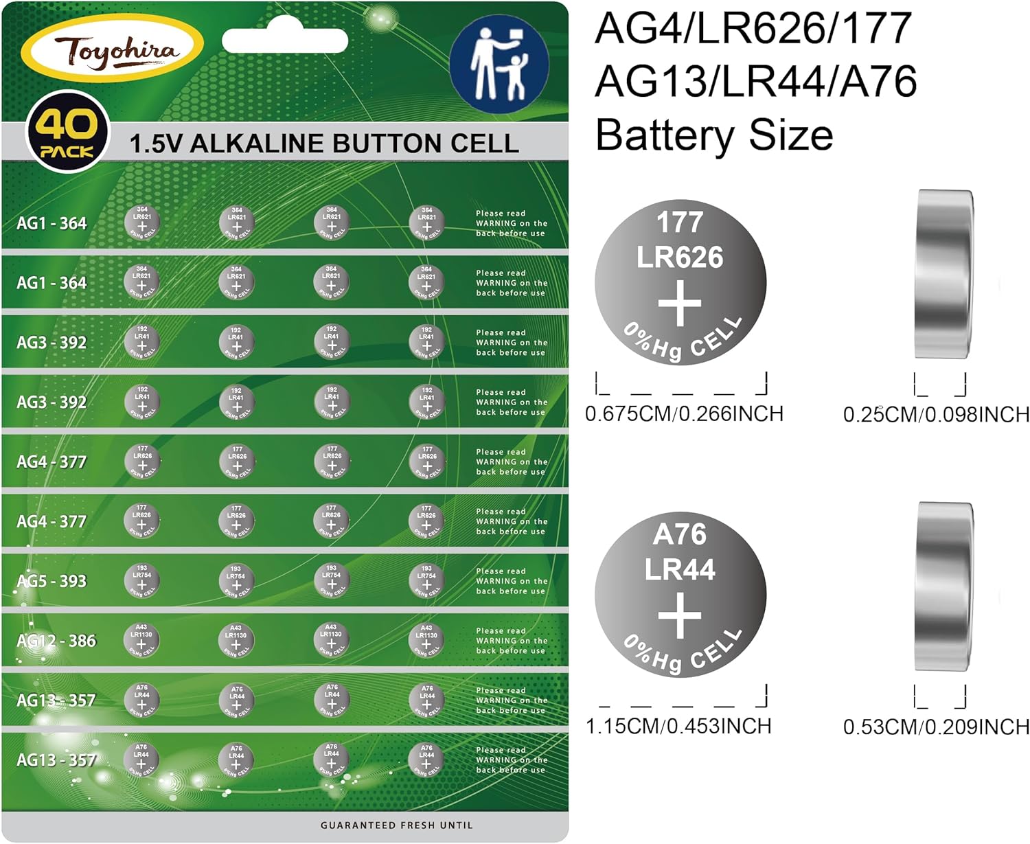 40pcs High Power Super Alkaline Button Cell astd 1.5V Watch Batteries Incl. AG1(LR621,364)*8,AG3(LR41,392)*8, AG4(LR626,377)*8,AG5(LR754, 393)*4,AG12(LR43,386)*4,AG13(LR44,357)*8 for thermometer clock