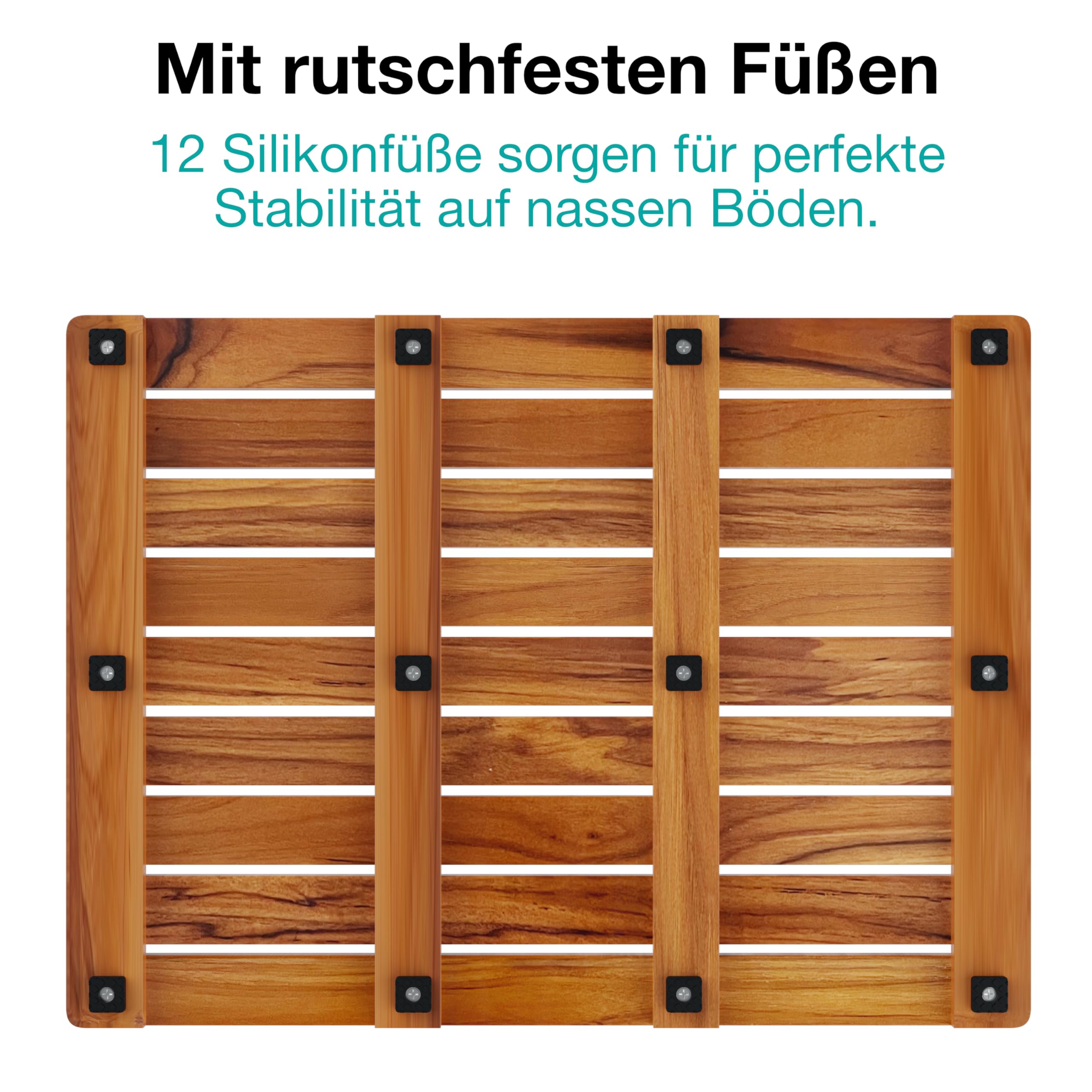 Badematte aus Teakholz 61 x 45 cm - Duschmatte Holz - Euchtigkeitsbeständig, Schimmelresistent und rutschfest - Saunamatte - Für Innen und Außen - Holzmatte Bad - CB6145