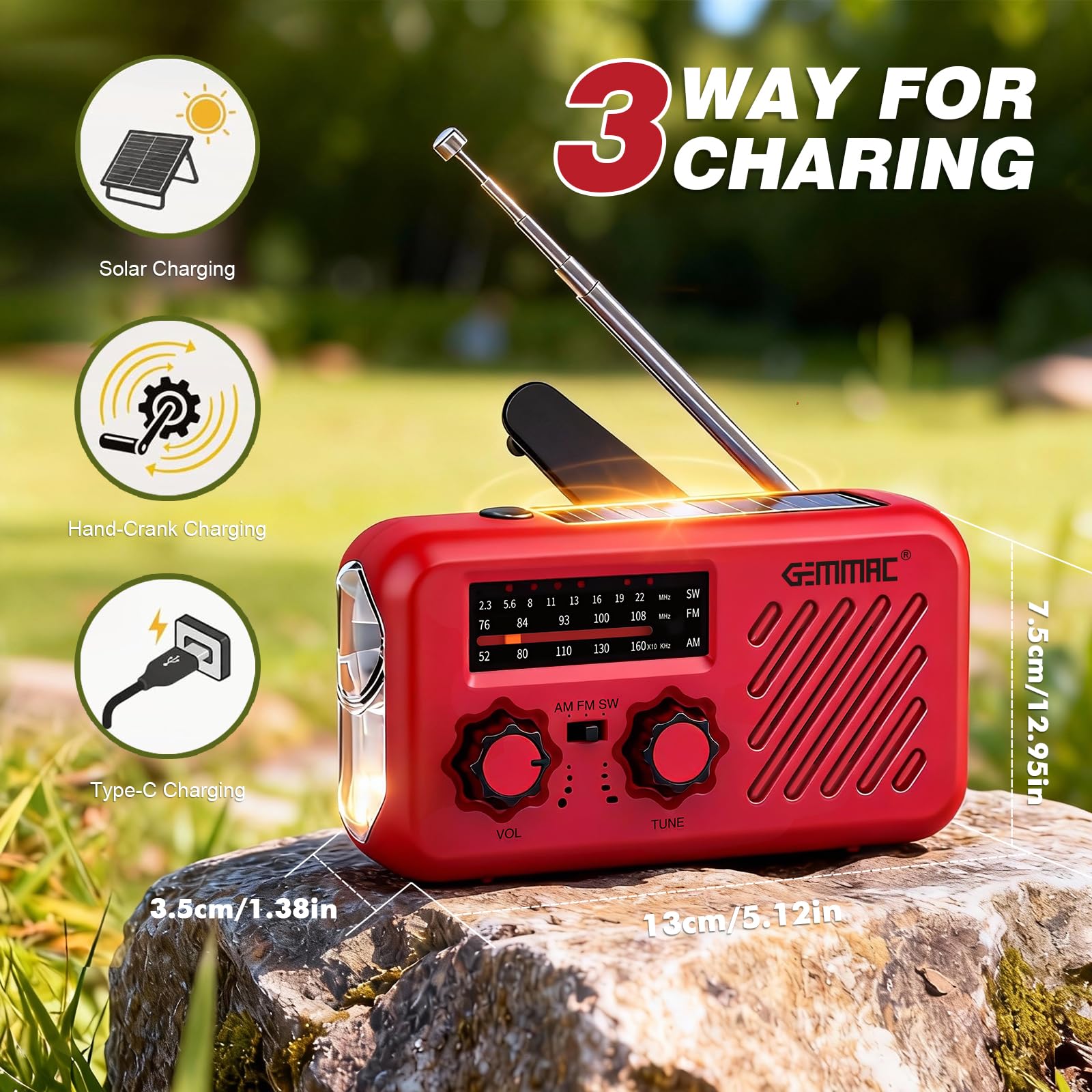 Radio Awaryjne, Gemmac AM/FM Radio Słoneczne z Korbką 2000 mAh Power Bank USB 3-Drożne ładowanie Awaryjne z Alarmem SOS Latarka i Wejściem Słuchawkowym Przenośne Radia na Zewnątrz Kemping Podróże