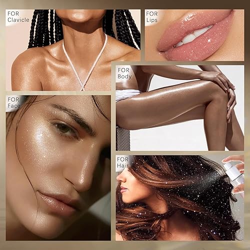 Vista 23 de Spray de purpurina corporal, brillo corporal de bronce hidratante, iluminador de brillo de brillo de secado rápido y no pegajoso para brillo facial