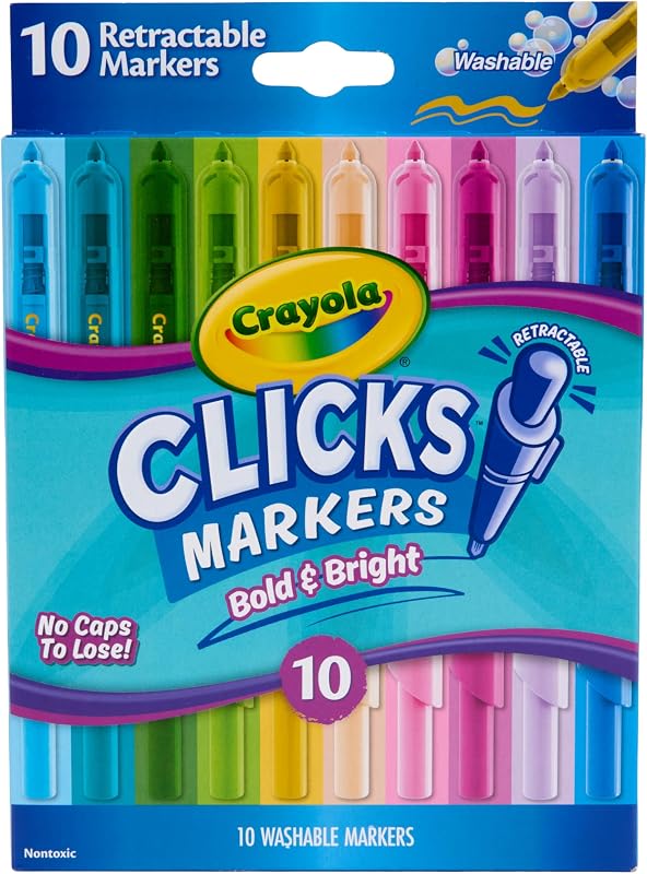 Crayola Clicks Marcadores retráctiles en negrita (10 ct), suministros escolares para el aula de profesores, manualidades de primavera, marcadores lavables en seco para niños