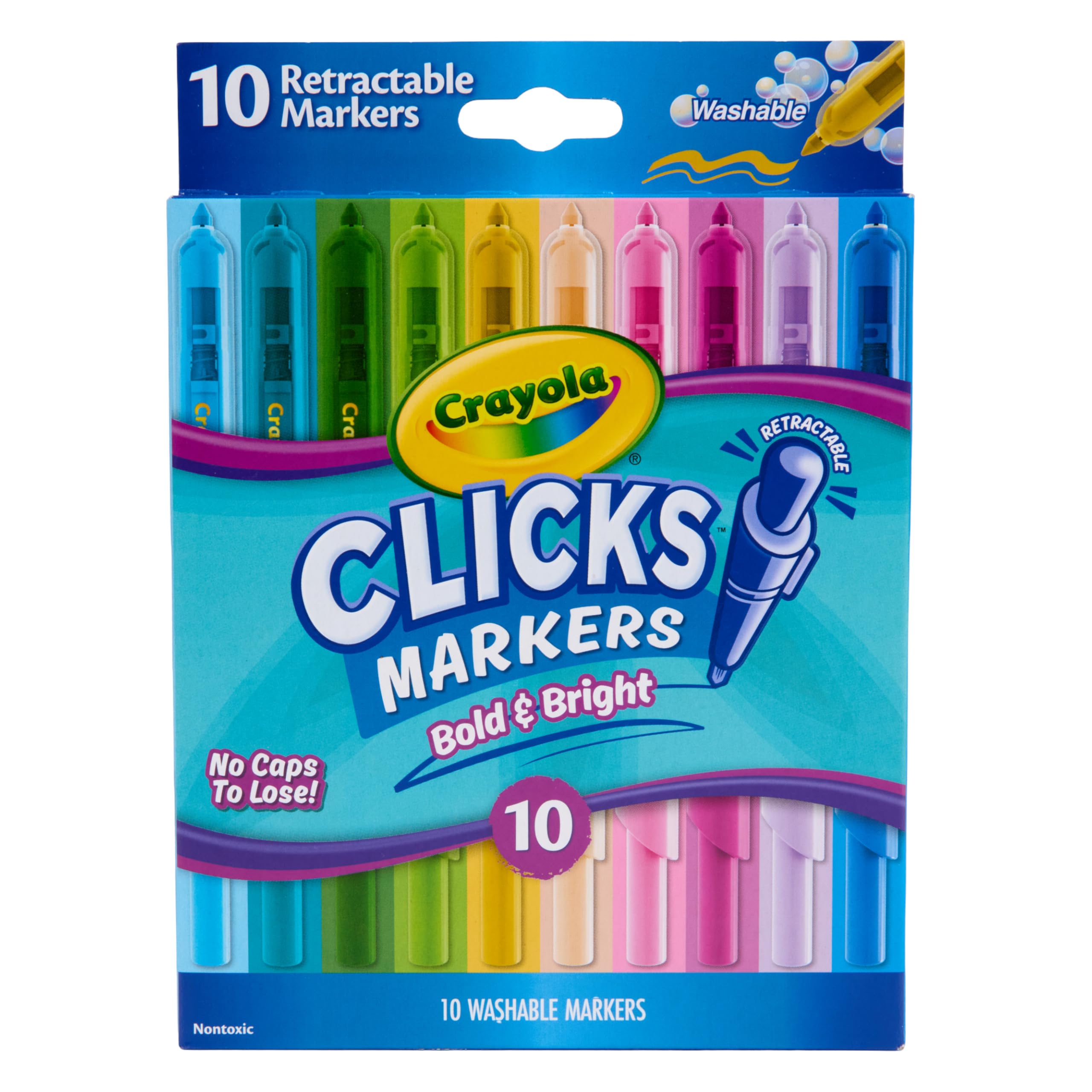Crayola Clicks Retractable Markers - Bold (10ct), Stocking Stuffers for Kids & Toddlers, Christmas Gifts for Grandkids, No Dry Washable Markers for Kids
