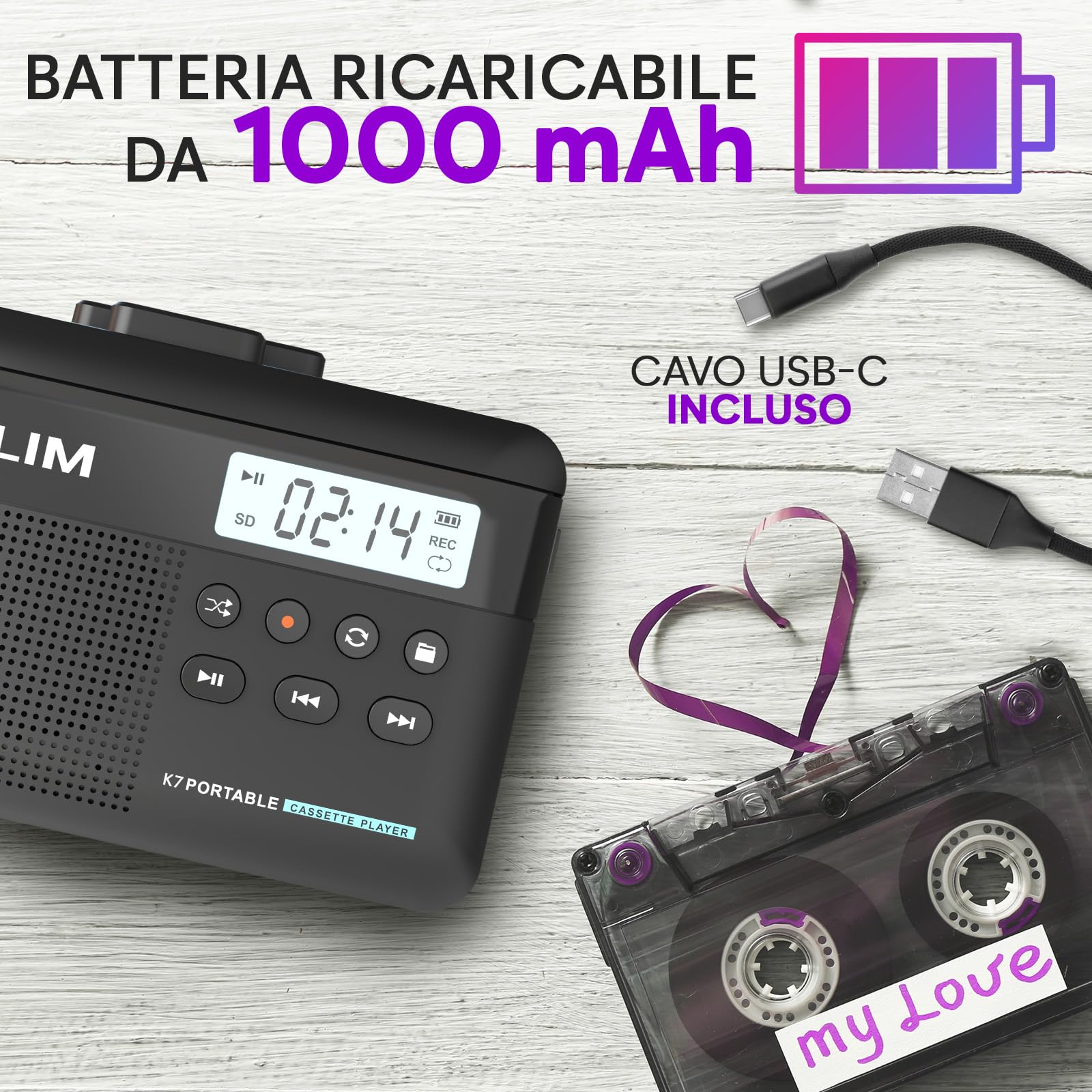 K7 Cassette Player MP3 Converter Portatile con Auricolari - Batteria Ricaricabile - Scheda SD 16 GB Nero