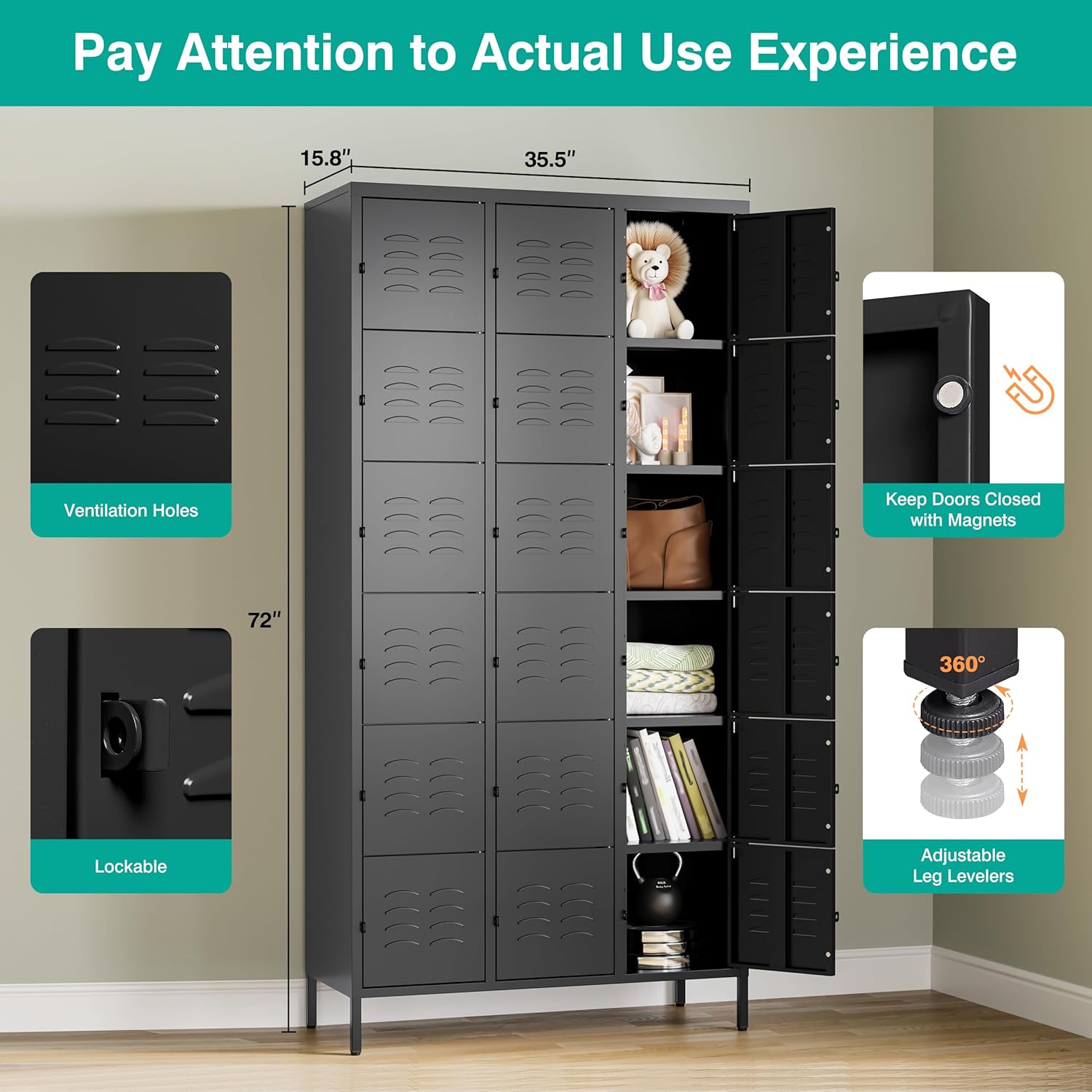 SISESOL Metal Lockers for Employees,Lockable Storage Locker with Shelf,Large Lockers for Storage with Leg,Gym Locker,Steel Employee lockers for Home Office School Gym Garage (Black,18 Door)