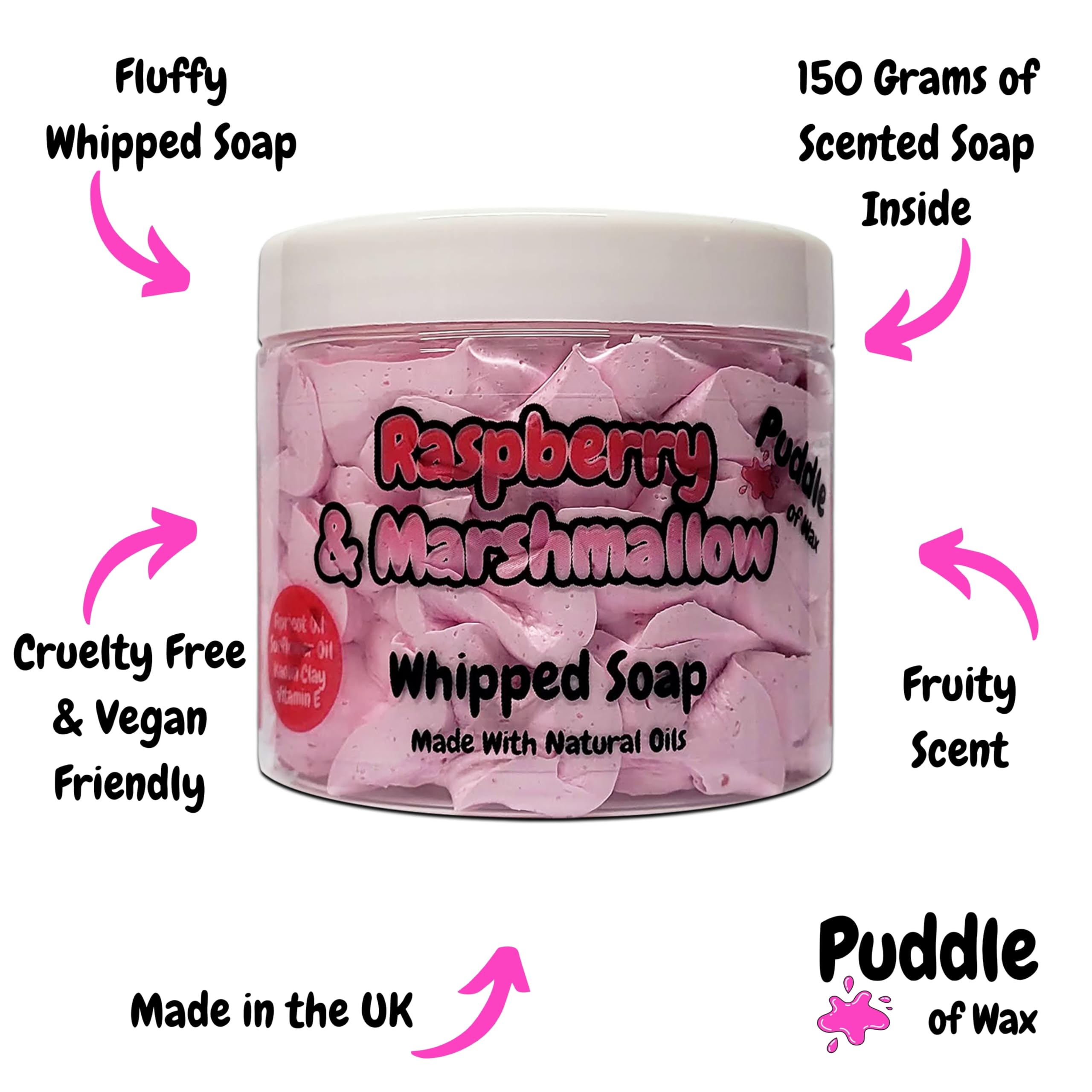 Raspberry & Marshmallow Whipped Soap Body Wash, 150g, Natural Oils & Kaolin Clay, Fruity Scent, Vegan Friendly, Puddle of Wax - Image 3
