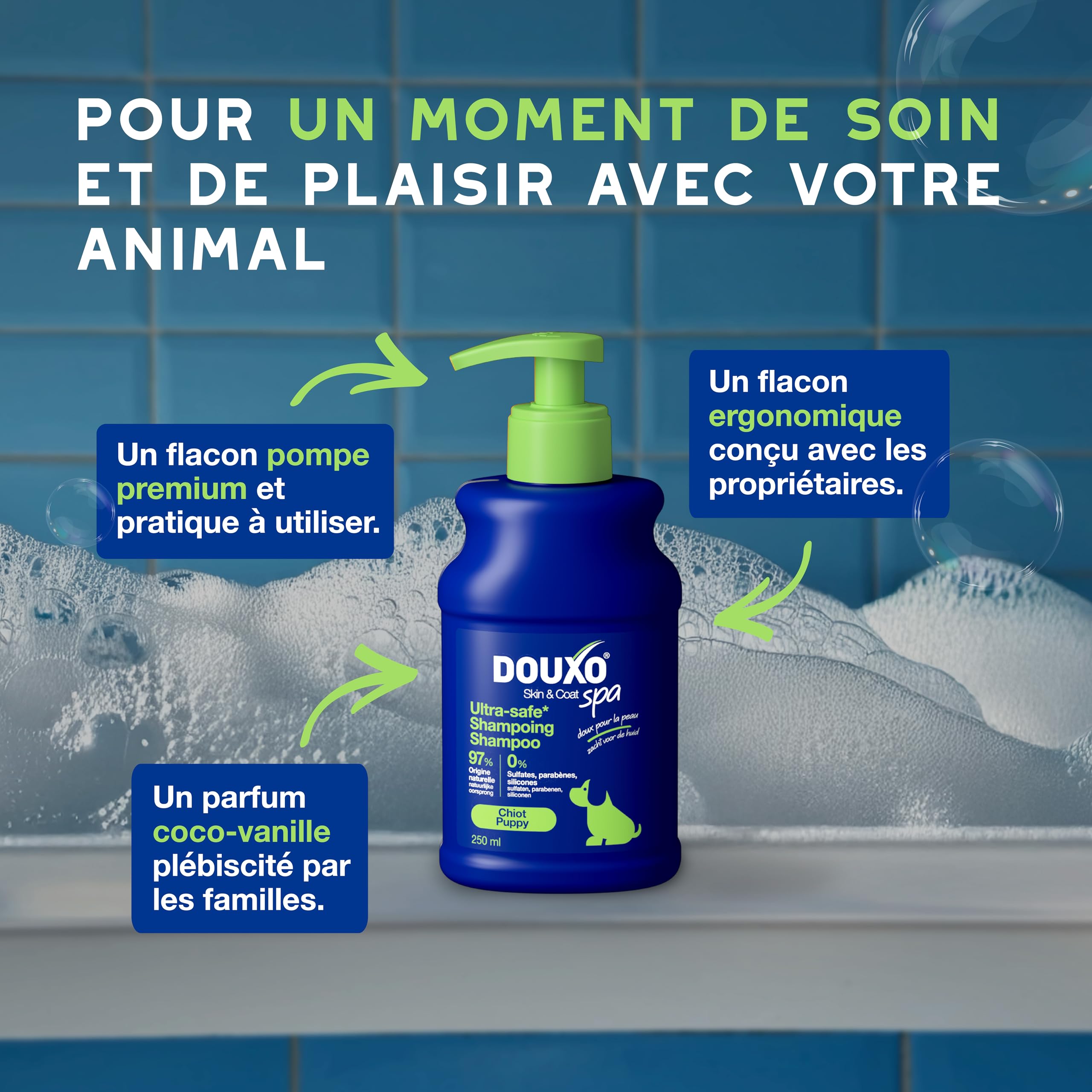 DOUXO Skin & Coat Spa - Ultra-Safe Shampoing pour Chiot, 250mL, Nettoie et Hydrate la Peau Profondeur, Laisse Le Pelage Doux et éclatant, Formule respectueuse de la Peau.