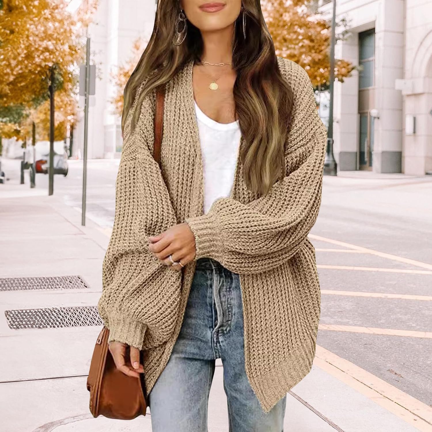 Open Front Cardigan for Women Spring Fall Cable Knitwear Coat Solid Color Plus Size Loose Cable Knit Cardigan Sweaters