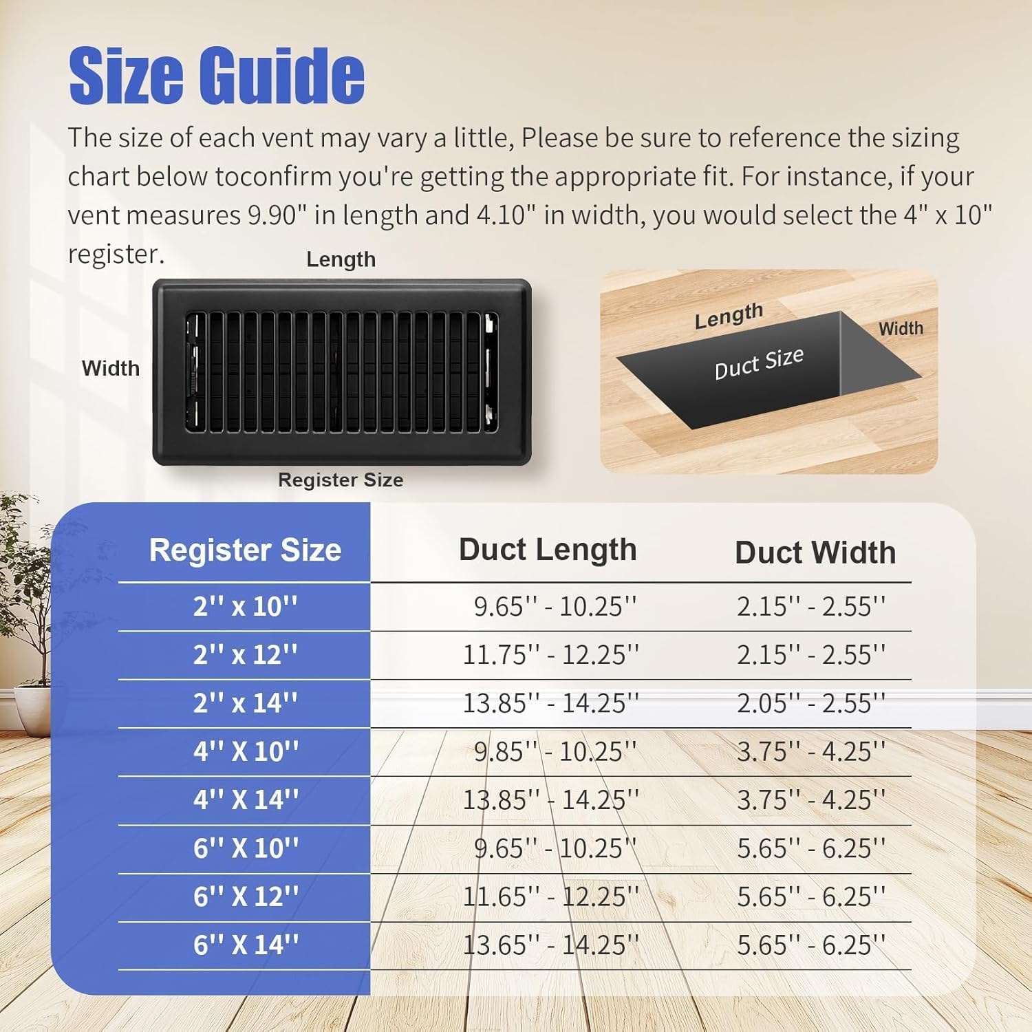 2x14 Floor Register 6-Pack, Heavy Duty Steel Floor Vent Covers, Adjustable Quiet Airflow Vent Grill, Rust-Proof Black Finish 2 inch by 10 Inch HVAC Vents for Floor/Sidewall