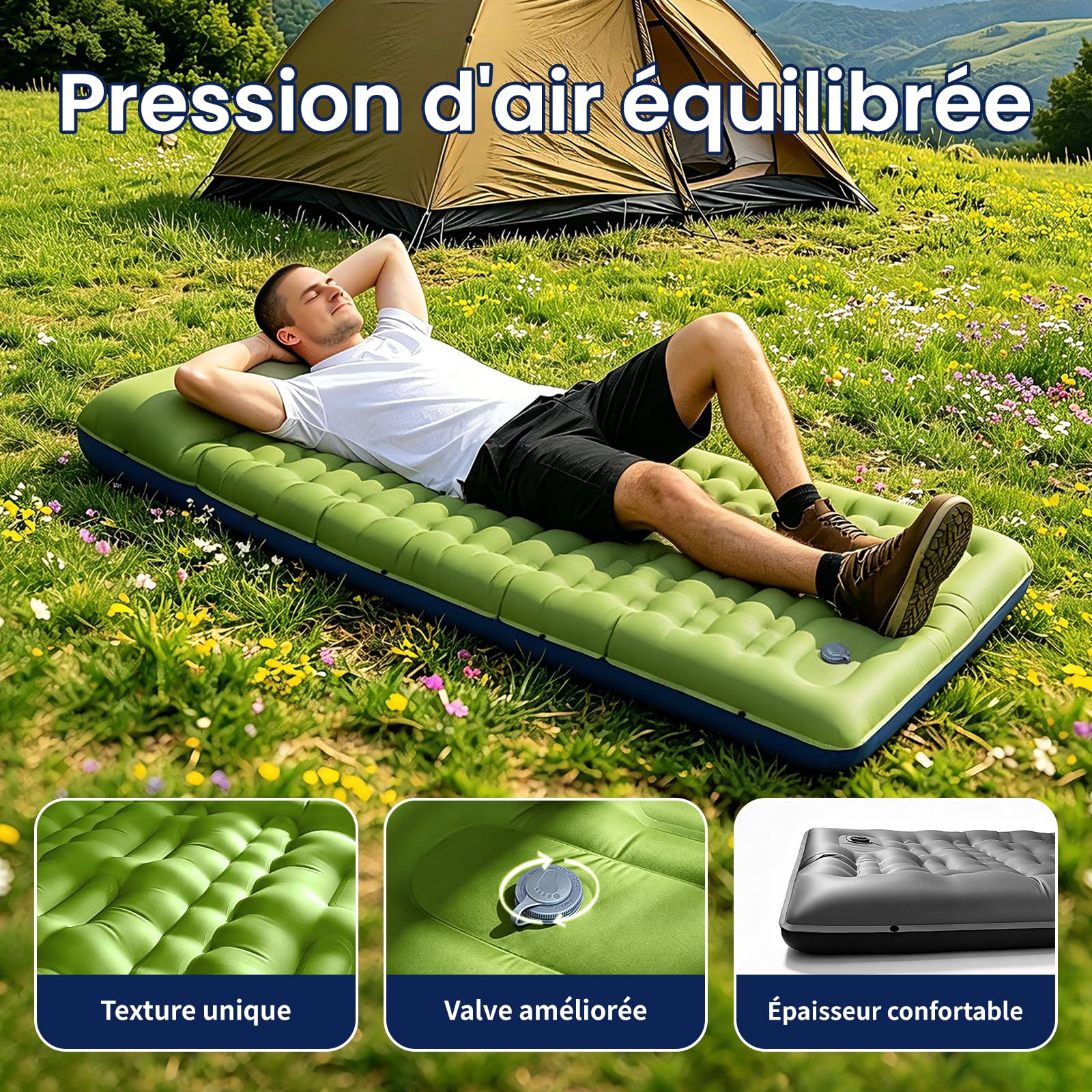 Matelas autogonflant 1 personne de Camping, 12CM Portable Tapis de Autogonflant Ultra Léger, avec Pompe à Pied et Oreiller Intégrés, Anti-Fuite, Adapté à la Randonnée, au Camping et à la Plage