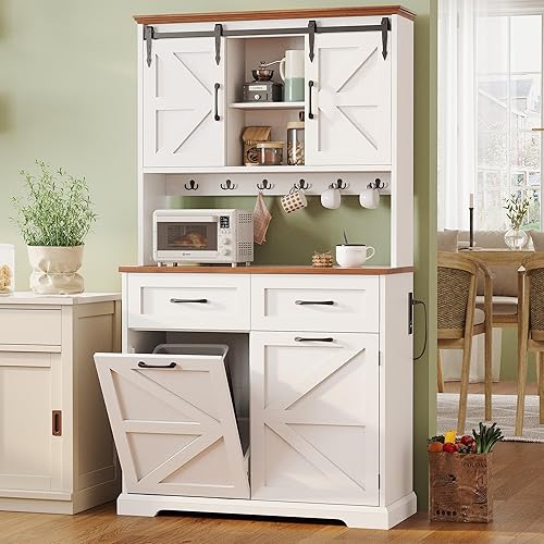IRONCK 72" Farmhouse Kitchen Pantry Cabinet with Microwave Stand, Freestanding Kitchen Hutch with Tilt-Out Trash Bin and Charging Station, Tall Food Storage Cabinets for Dining Room, White