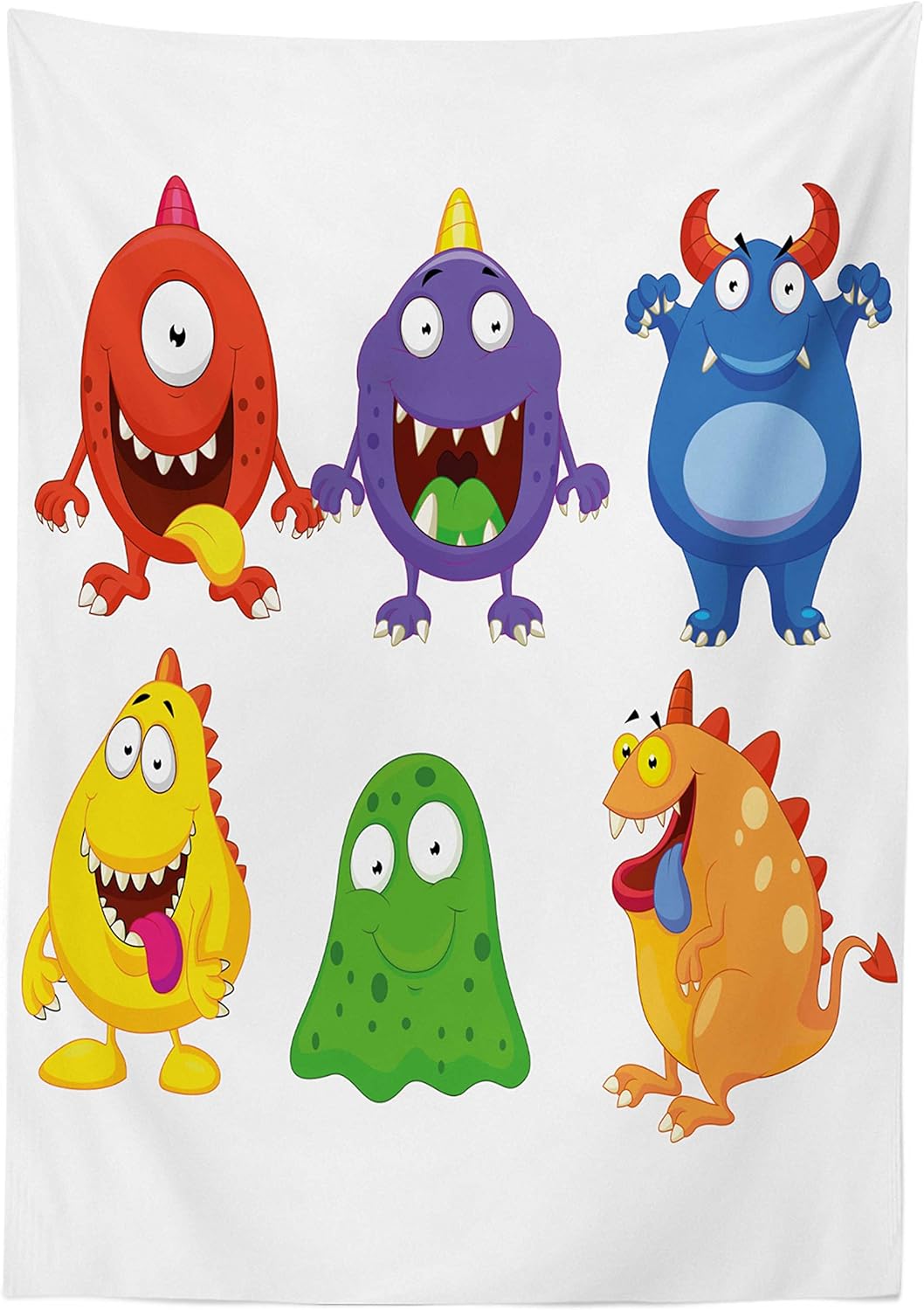 Ambesonne Funny Tablecloth, Comic Cartoon Monsters with Smiling Faces Little Freak Mascots Illustration Humor Art Print, Rectangular Table Cover for Dining Room Kitchen Decor, 60" X 90", Green Purple 60" X 90" Green Purple