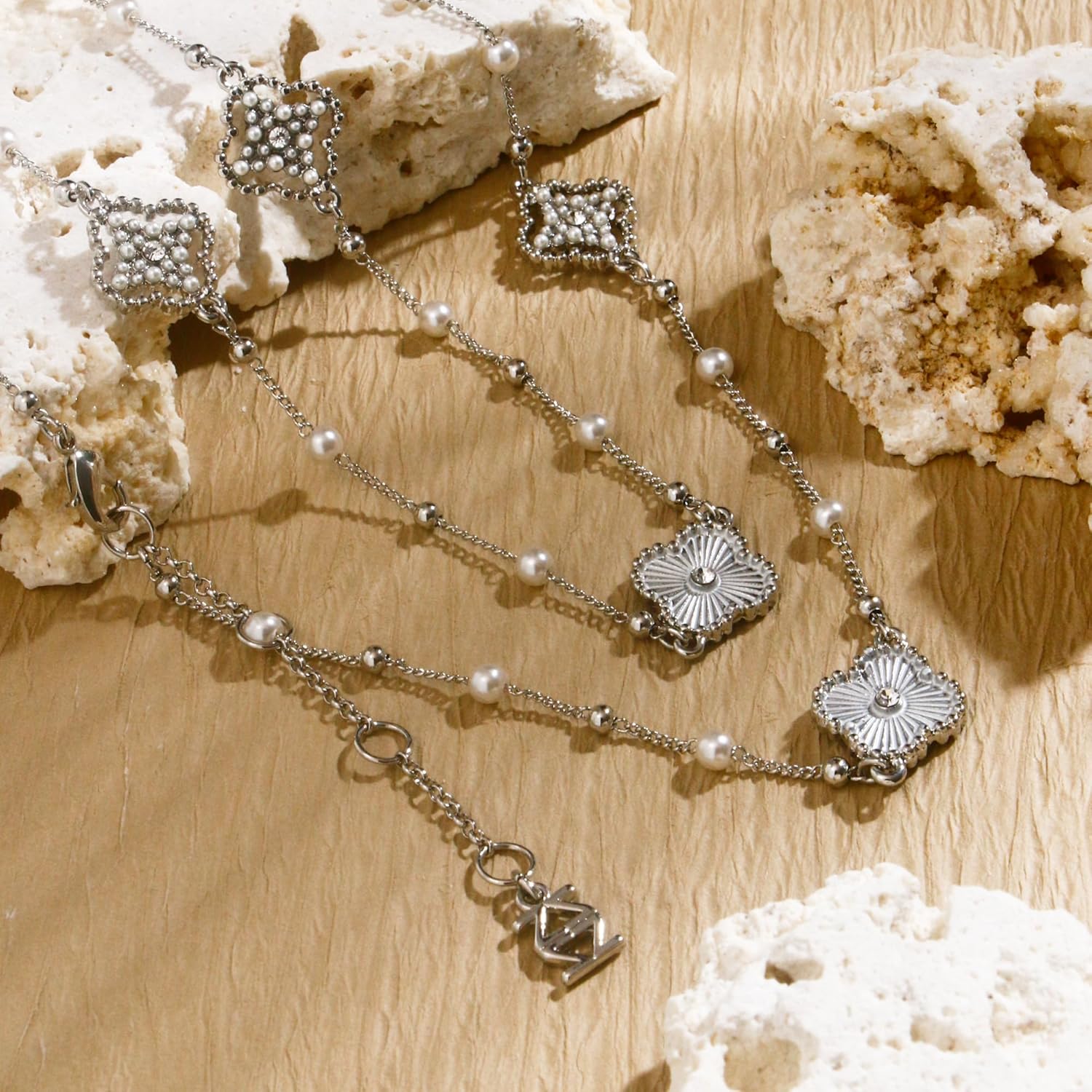 14K Gold Plated Four-Leaf Clover Pearl Necklace, Lucky Jewelry - Layered and Stacked Design, Size 18 Inches, Suitable for Daily Wear and Gift Selection, Suitable for Both Men and Women - Image 4