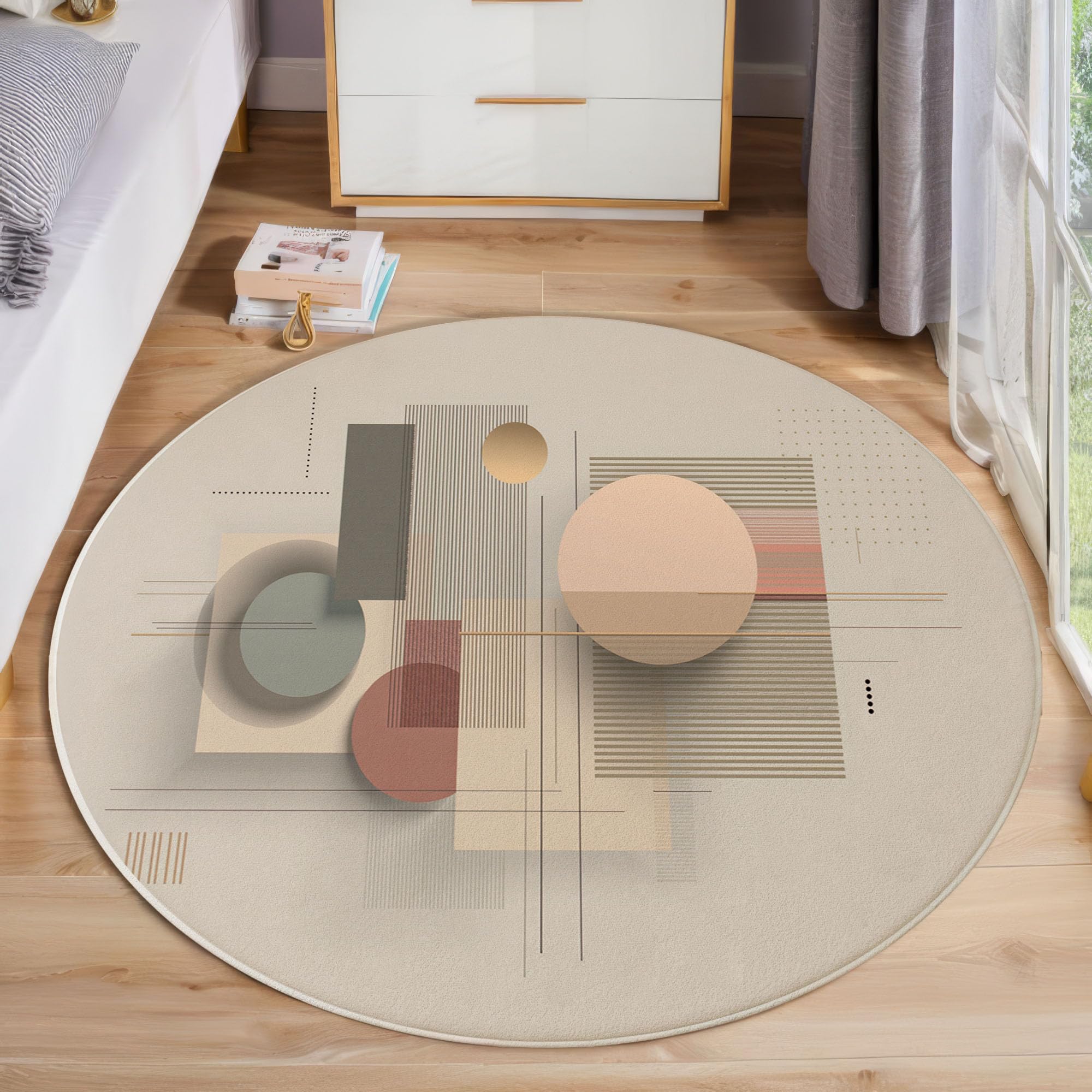 Grand tapis de chambre moderne beige lavable 120 cm cubes abstraits