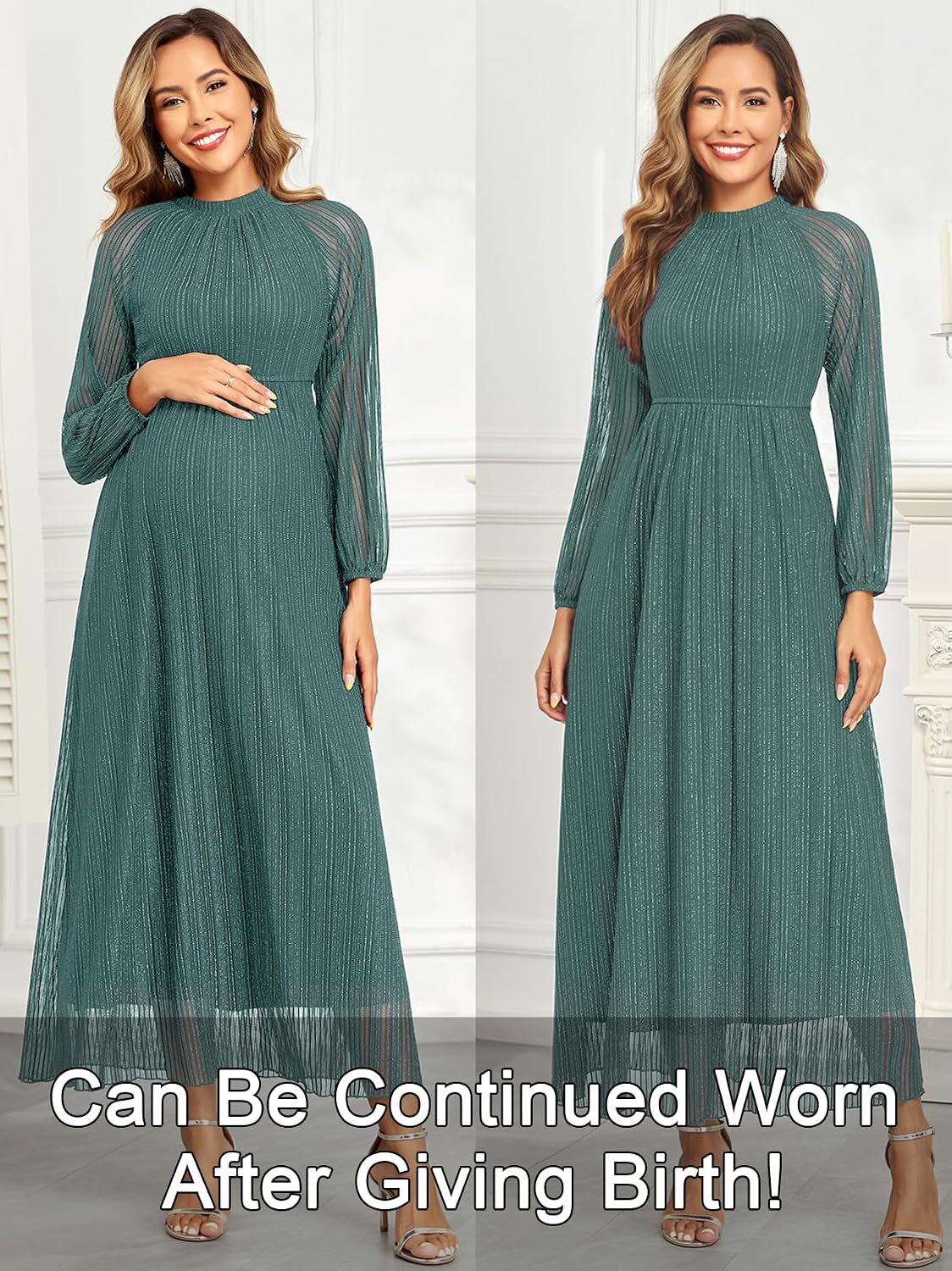 AISWI Maternity Sparkly Dress Halter Neck A Line Long-Sleeve Raglan Pregnancy Dresses Semi Formal Baby Shower Photoshoot