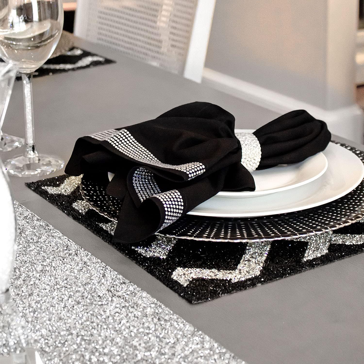 Luminous Diamonds Placemat, Black & Silver Rhinestone Pattern, Non-Slip Back, for Dramatic Home Dining Table Setting, Event, Wedding, Black & Silver, 14", Sold Individually