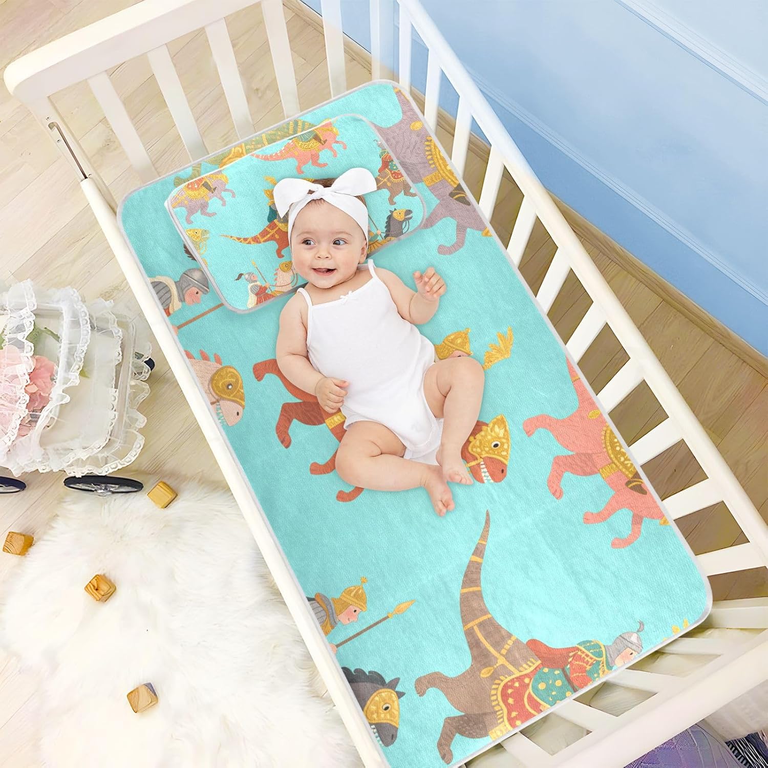 Cute Cartoon Dinosaur Knight Cooling Baby Mattress Protector Pads 28" x 52" Breathable Bed Pads Disposable for Baby&Toddler