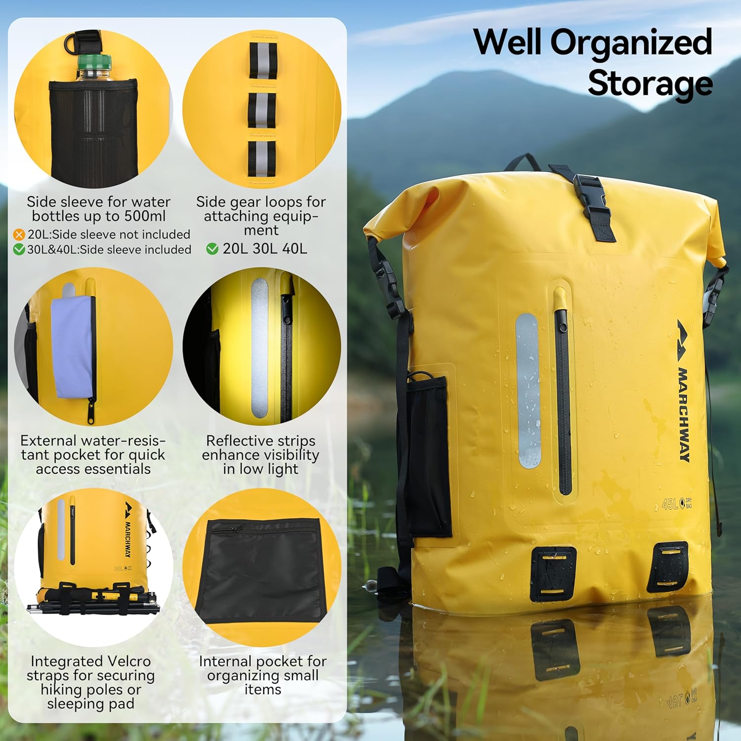 MARCHWAY Roll Top Waterproof Backpack, Floating Dry Bag 20L/30L/45L with Ergonomic Rectangular Base, Cushioned Back, Hip Strap for Hiking Camping Kayaking Travel (Yellow, 30L)