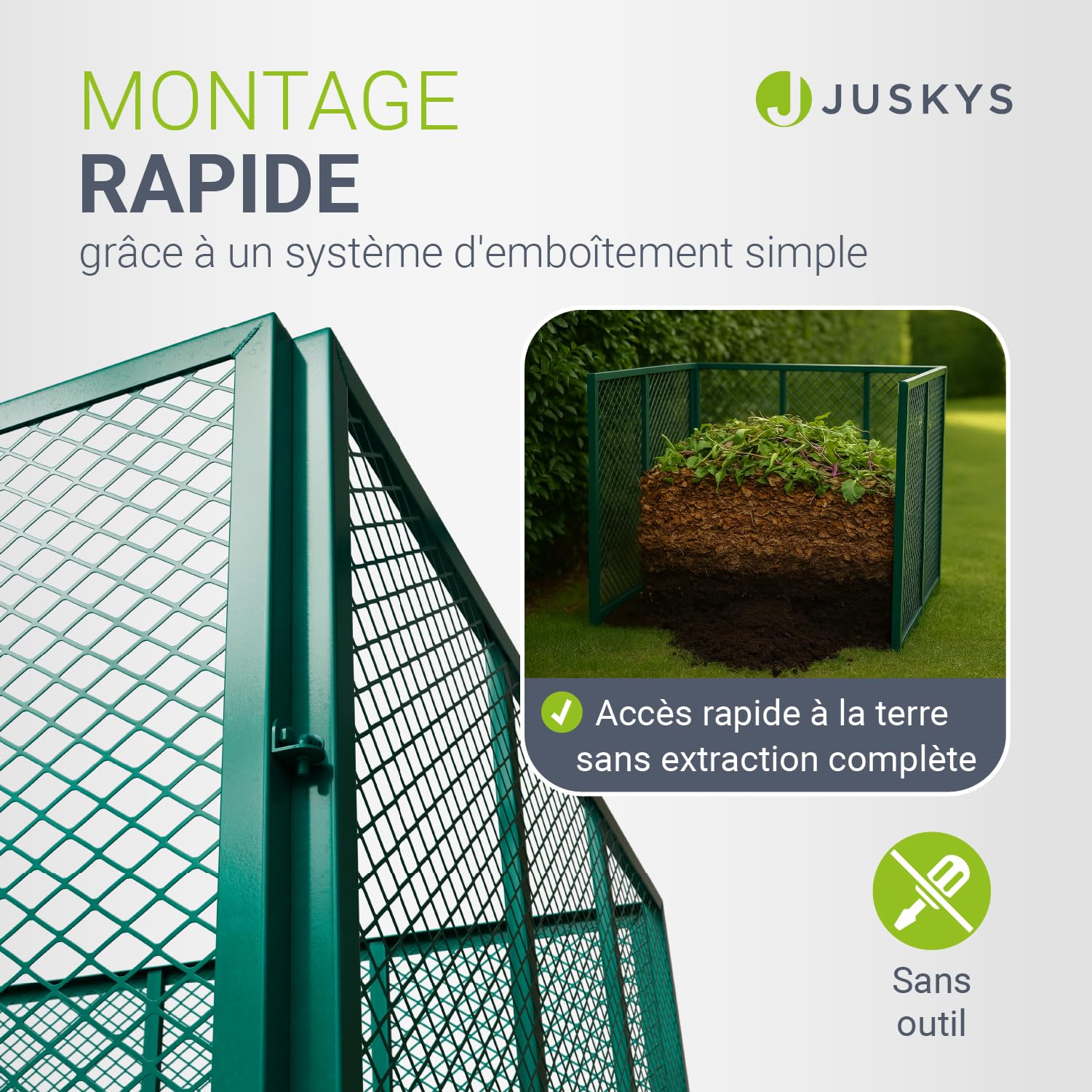 Juskys composteur en métal 800 L, Acier galvanisé et thermolaqué, résistant aux intempéries, aération par Cadre grillagé, compostage Rapide – Vert foncé