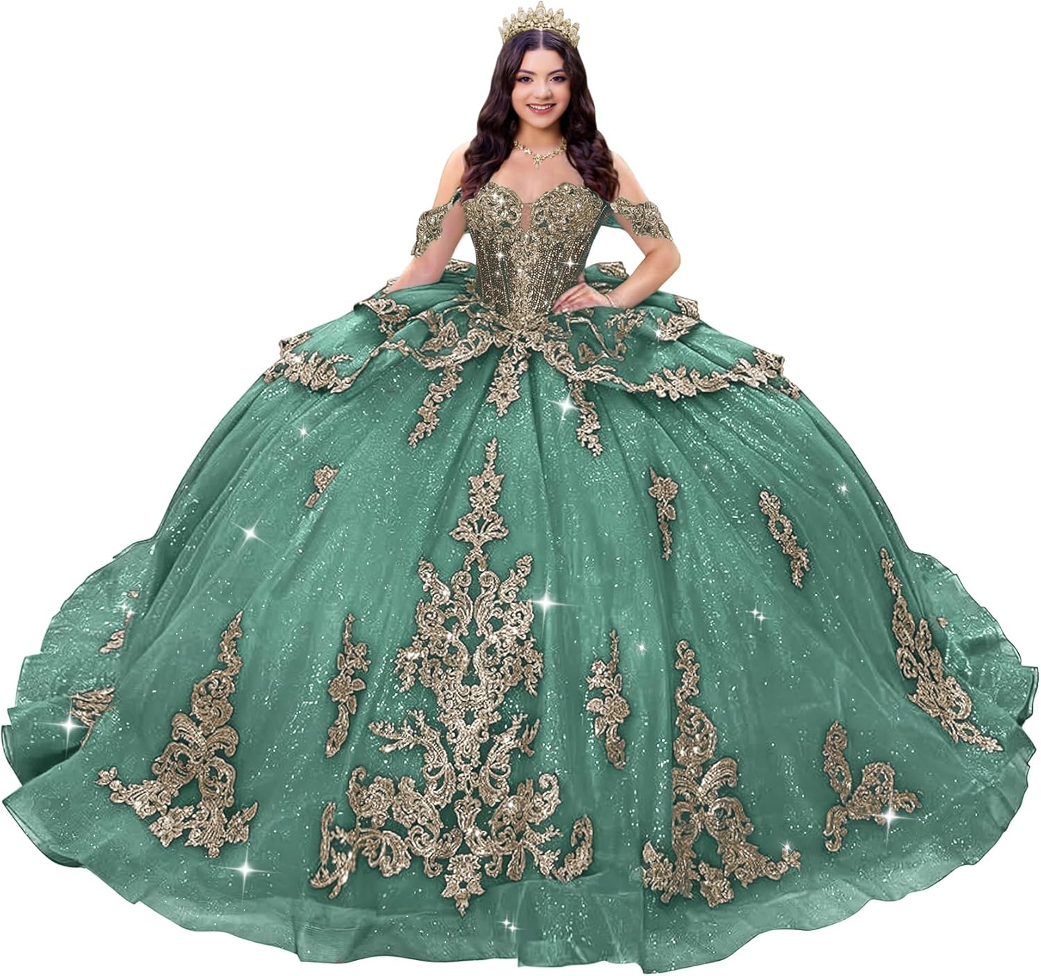 Gold Appliques Quinceanera Dresses Off Shoulder 15 Dress Elegant Tiered Sweet 16 Dress Puffy Tulle Vestido de 15 Años