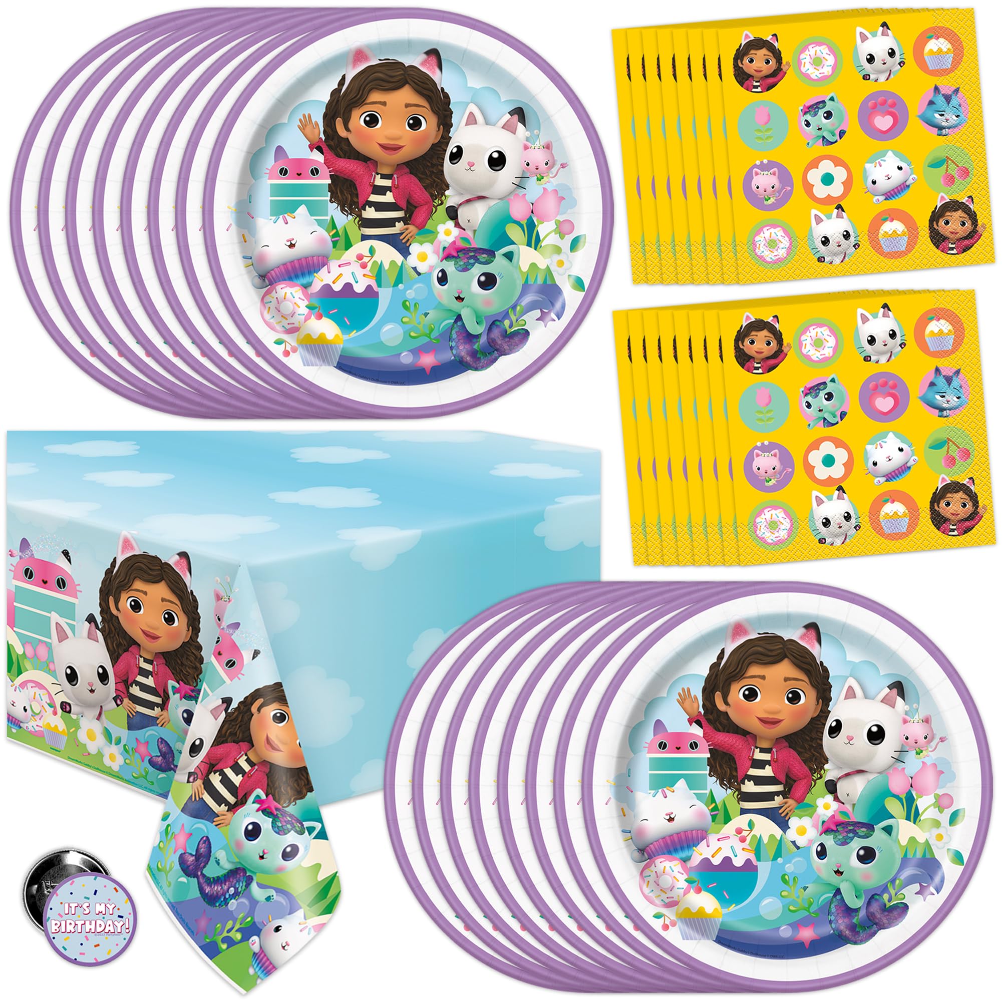 Gabby Dollhouse Party Decorations | Gabby Dollhouse Birthday Decorations | Tablecover, Plates, Napkins, Button | Serves 16 |