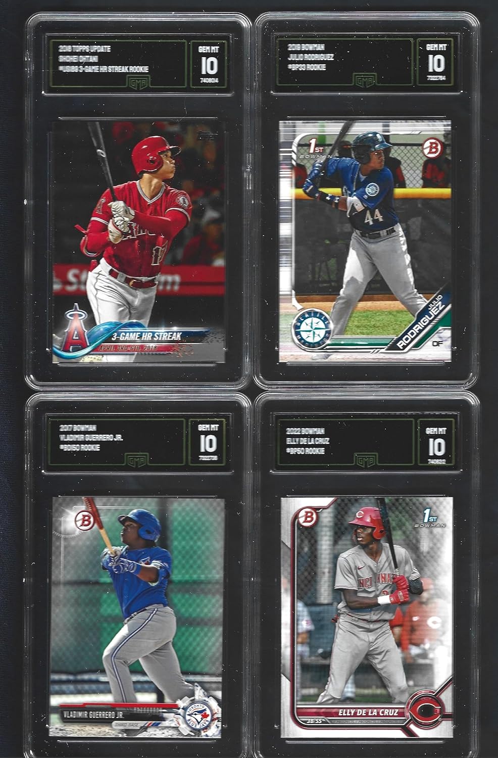 GEM MINT SHOHEI OHTANI JULIO RODRIGUEZ VLADIMIR GUERRERO JR. & ELLY DE LA CRUZ BOWMAN & TOPPS 4 CARD ROOKIE LOT GRADED GMA GEM MINT 10 SUPERSTAR PLAYERS
