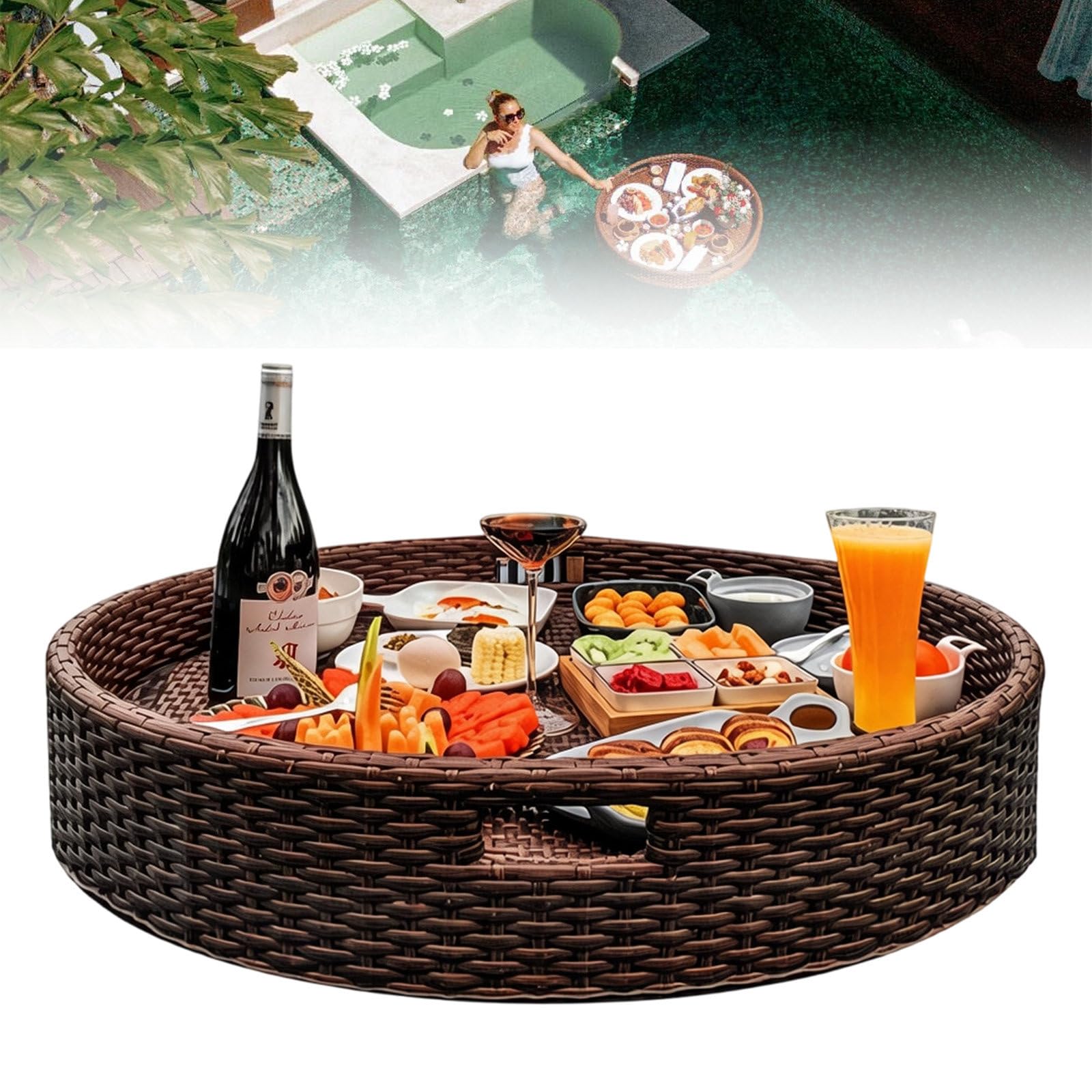 Bandeja Flotante para Piscina — Mesa Flotante, Diseño Robusto de Ratán PE, Bandeja de Servicio Redonda con Asas, Tejido de Ratán, para Bebidas, Comida y Brunch Brown-60cm