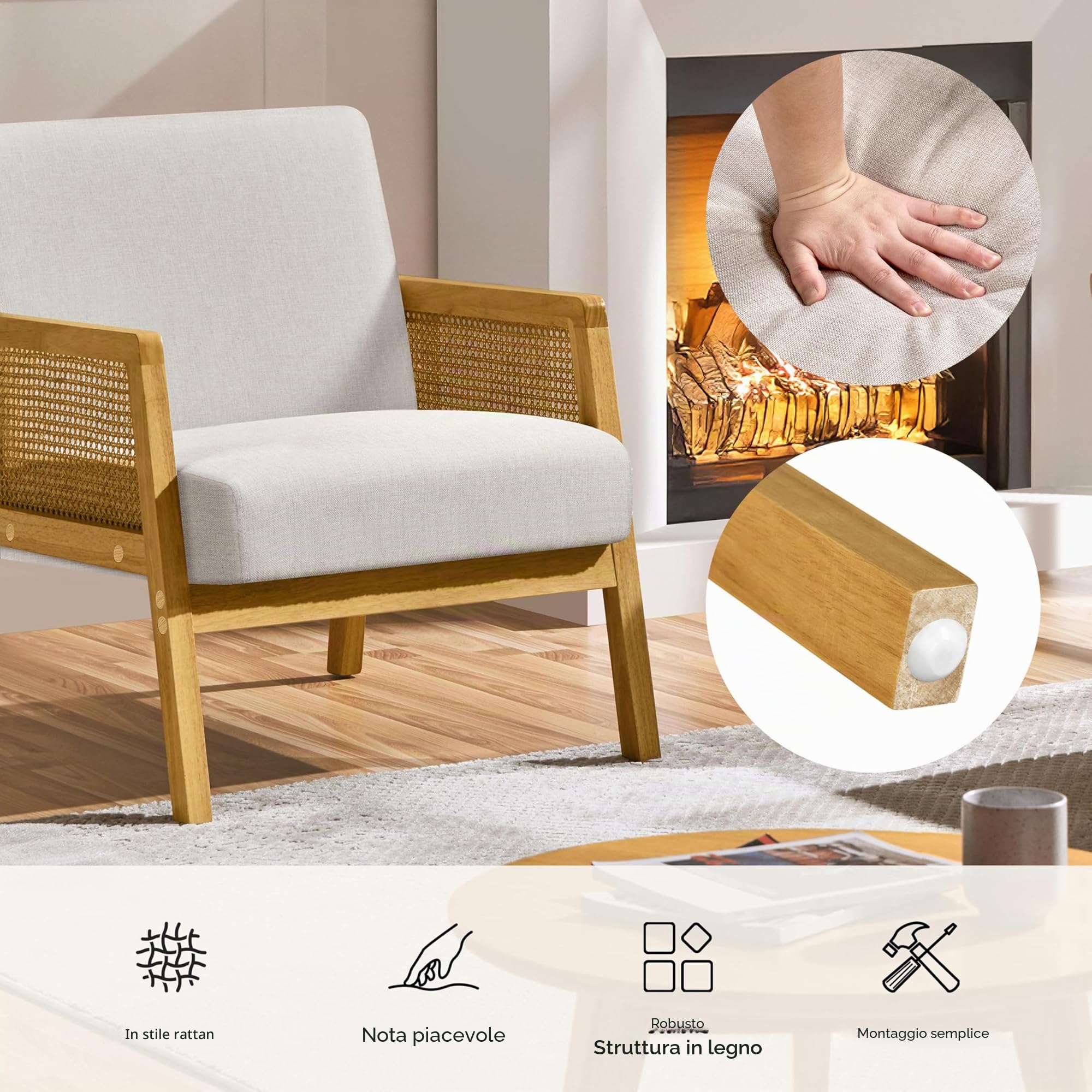 Yaheetech Poltrona da Salotto con Braccioli Poltrocina Struttura in Legno Poltrona Relax in Rattan Sedia con Cuscini Imbottiti Divano Singolo per Soggiorno Camere da Letto Sala Reception Lettura