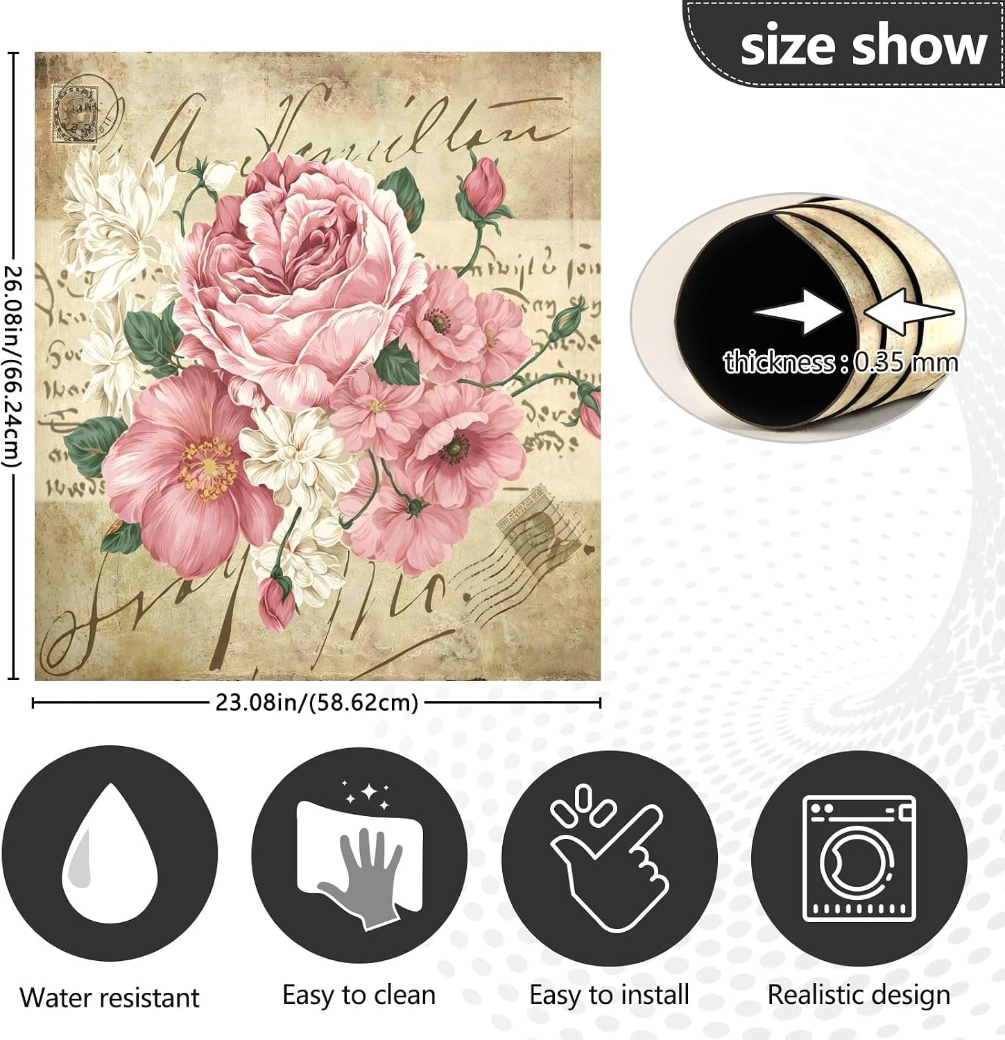 Vintage Shabby Chic Pink Rose Flowers Magnetic Sticker Dishwasher Door Cover Kitchen Cabinet Panels, Fridge Manget, Home Appliances Decor Decals 23" W x 26" H