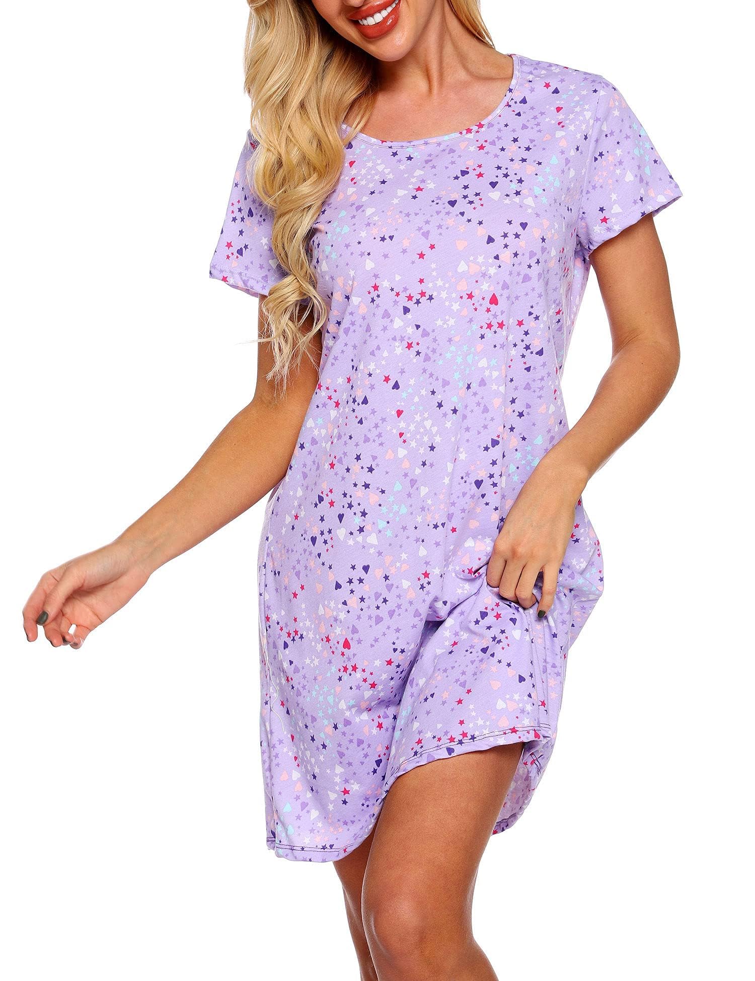 Nightgown for Women Cotton Short Sleeve Nightshirts Casual Print Sleepwear