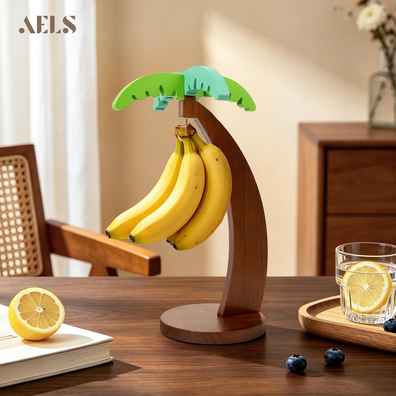 AELS Wooden Banana Holder with Tropical Leaf Design, Stainless Steel Banana Hanger Hook, Decorative Banana Stand for Kitchen Countertop, Stable Fruit Stand, Prevents Bruising, Green Leaf&Walnut Finish
