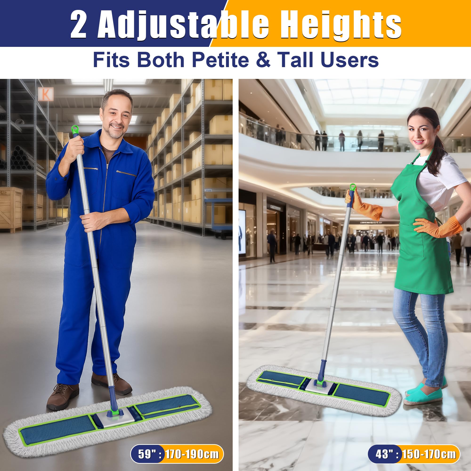 Grande mocio industriale piatto: 104 cm di larghezza resistente per pavimenti in legno duro – spolverino per pavimenti asciutti con 2 tamponi, manico lungo 150 cm, per la pulizia di garage