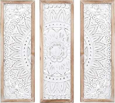 SwallowLiving 3D Layered Mandala Wood Wall Art Set of 3 23.6" Large Sacred Geometry Floral Sculptures, Intricately Carved Wood Panels for Meditation Room, Yoga Studio & Boho Decor, Distressed White