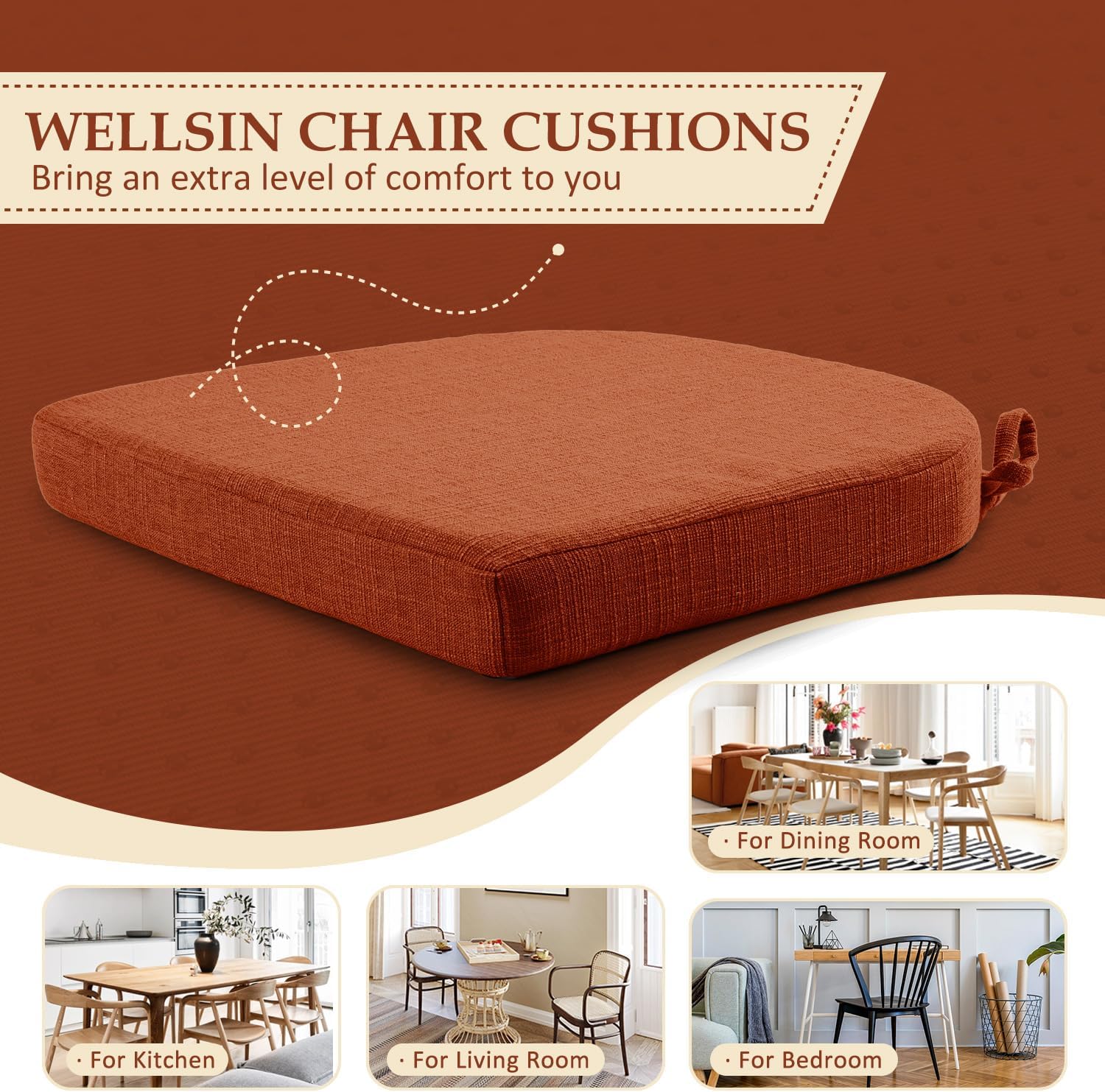 Wellsin Chair Cushions for Dining Chairs 6 Pack - Kitchen Chair Cushions with Ties and Non-Slip Backing - Dining Chair Pads 16"X16"X2", Orange