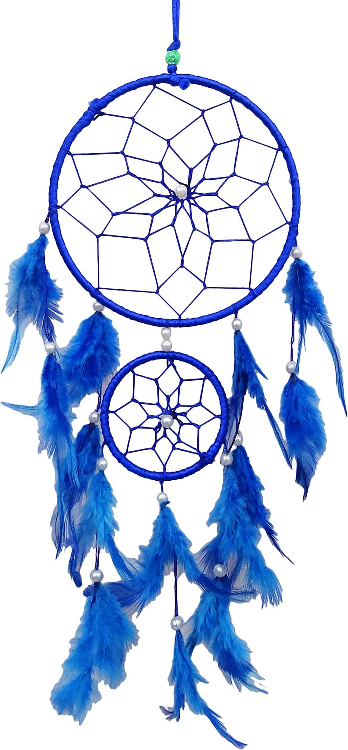 Boho Dream Catcher Blue Faux Feather Handmade Web Double Ring Wall Hanging Window Decor