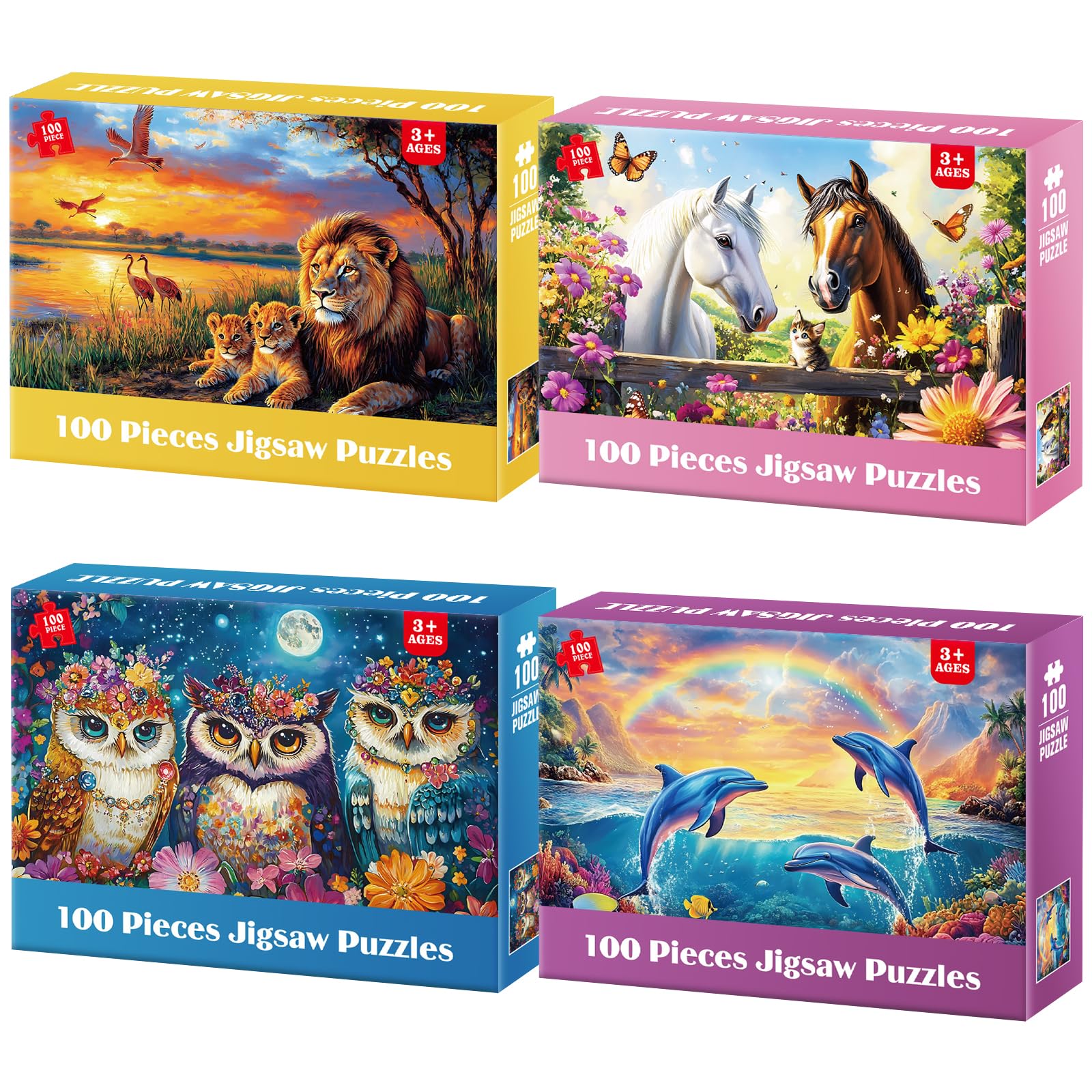 4-Pack Puzzles for Kids Ages 6-8 8-10 Year Old - Lions Horses Owls Dolphins, Large Piece Puzzles for Seniors, 100 Pieces Jigsaw Puzzles for Kids Ages