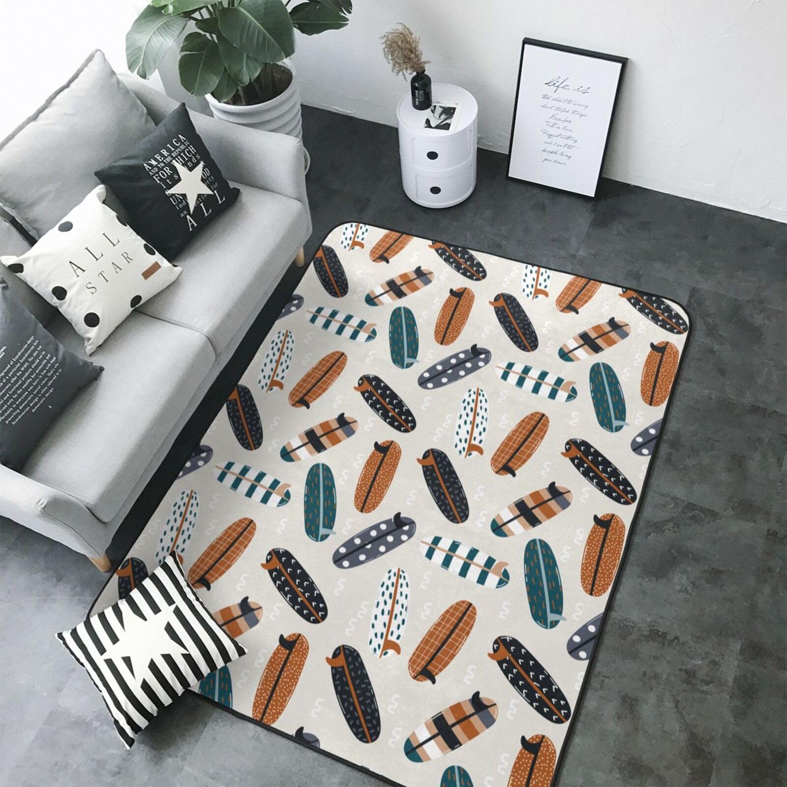 Tapis lavable pour salon et chambre doux et facile à nettoyer motif surf