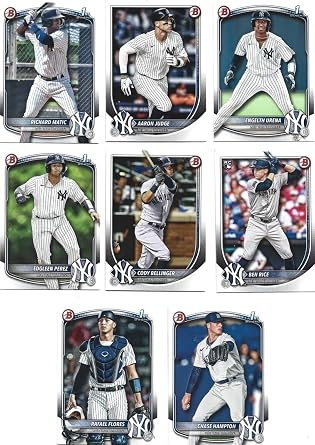 New York Yankees 2025 Bowman 8 Card Team Set made by Topps Featuring Aaron Judge a Ben Rice Rookie Card and 5 Top Prospect Cards