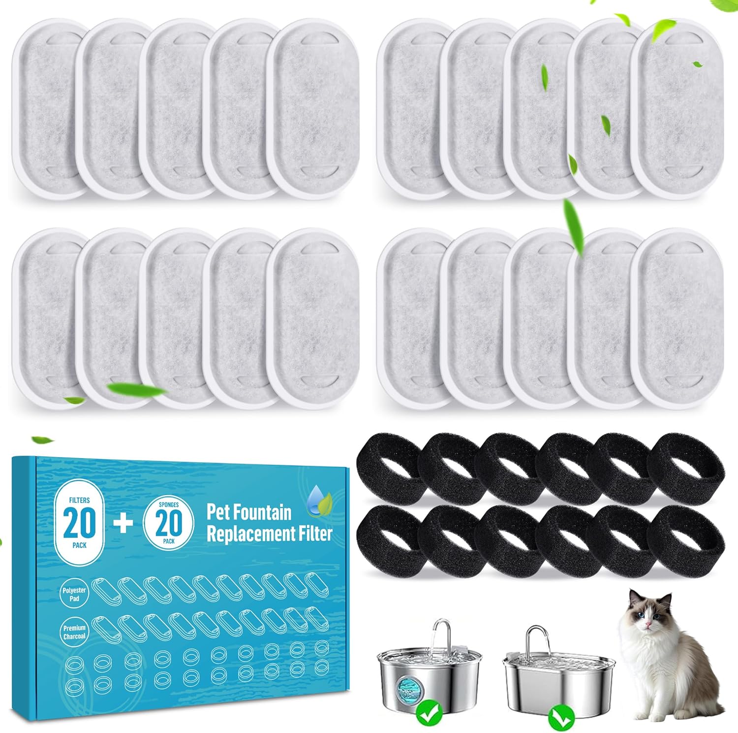 Cat Water Fountain Filters - Compatible with 67 oz/2 L & 108 oz/3.2 L Stainless Steel Drinkers, Activated Carbon and Ion Exchange Resin Filter, Pet Drinking Fountain Filters (20 Pack)